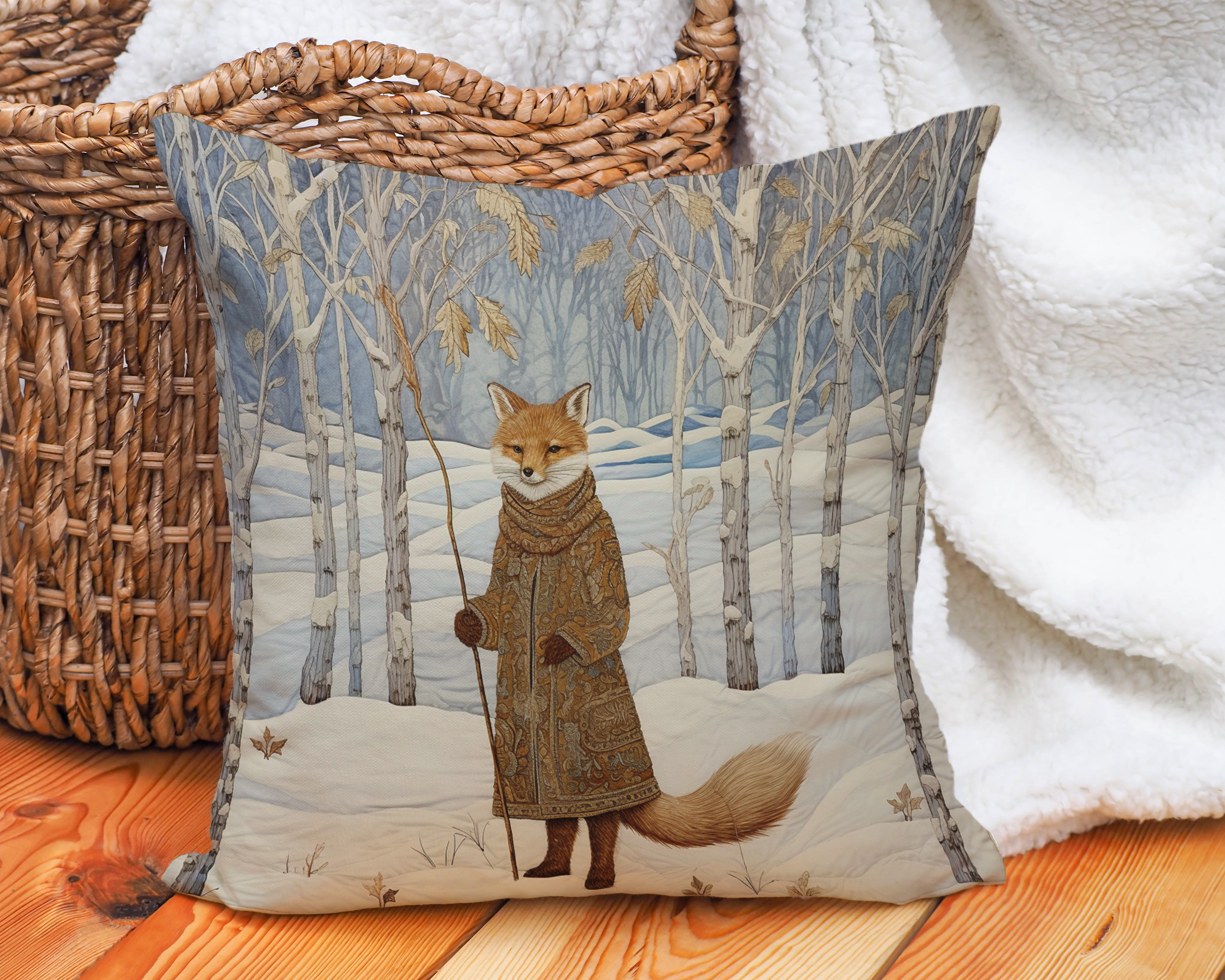 The Winter Fox Throw Pillow | Enchanting Woodland Snow Scene for Cozy Décor - Darwin & Rose
