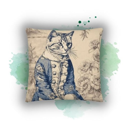 Elegance Redefined: The French Blue Feline Pillowcase from Darwin & Rose Home Decor – A Charmant Chat Toile Masterpiece