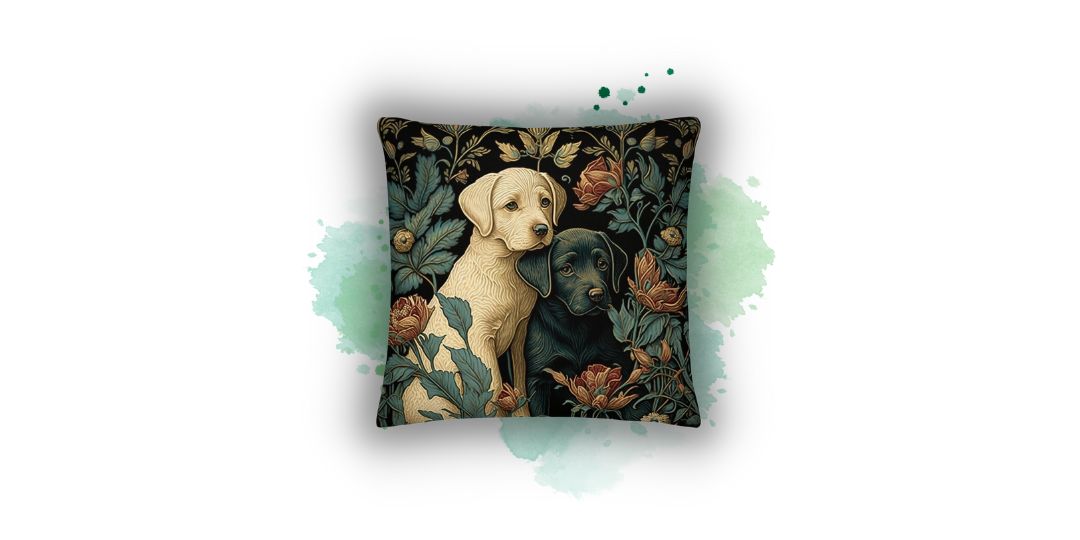 Elegance Meets Adorability: Introducing Our 'William Morris Inspired' Gold & Black Lab Puppies Pillowcase from Darwin & Rose Home Decor