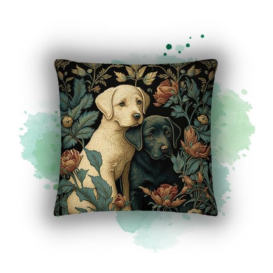 Elegance Meets Adorability: Introducing Our 'William Morris Inspired' Gold & Black Lab Puppies Pillowcase from Darwin & Rose Home Decor