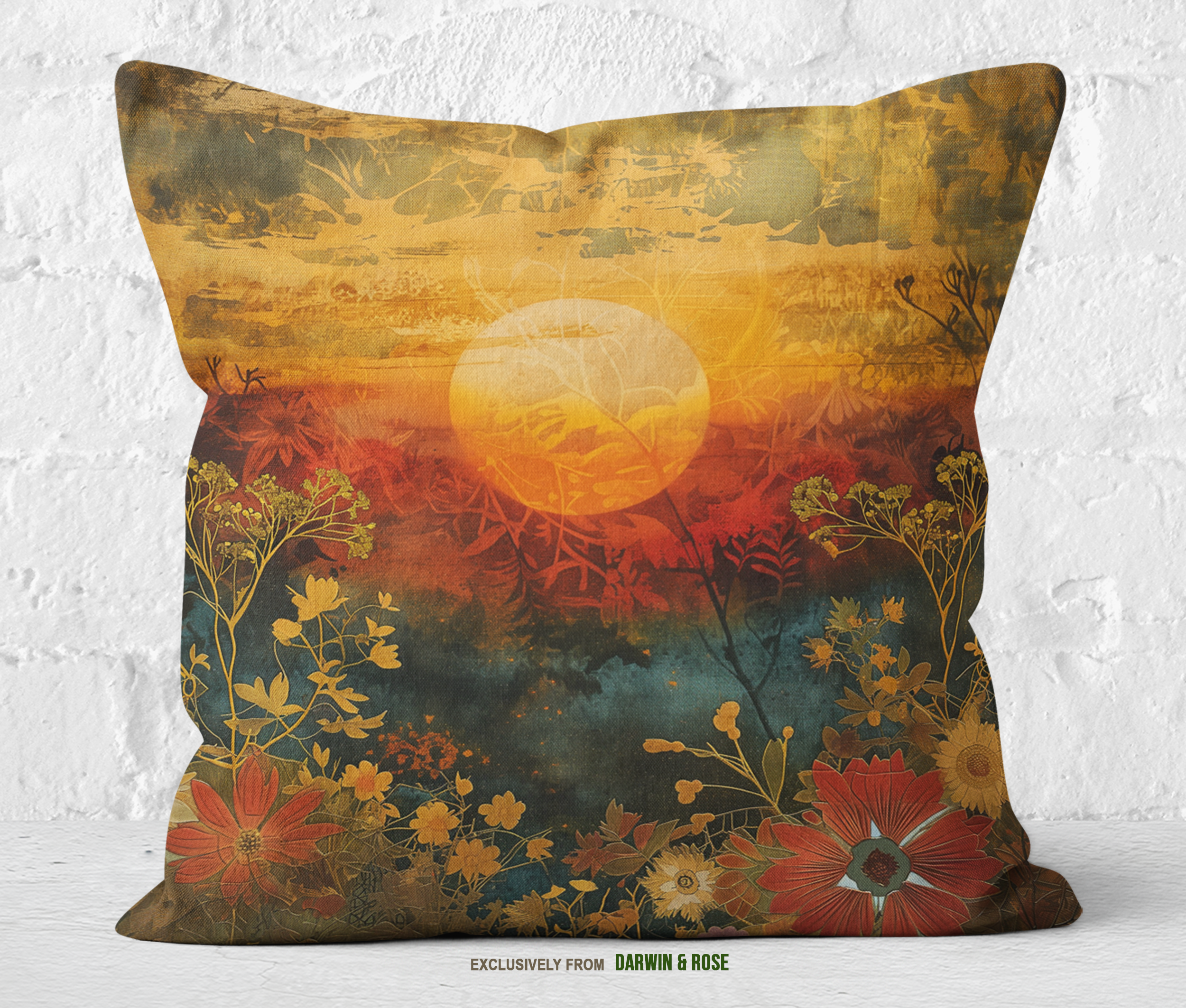Golden Sunset Boho Floral Throw Pillow