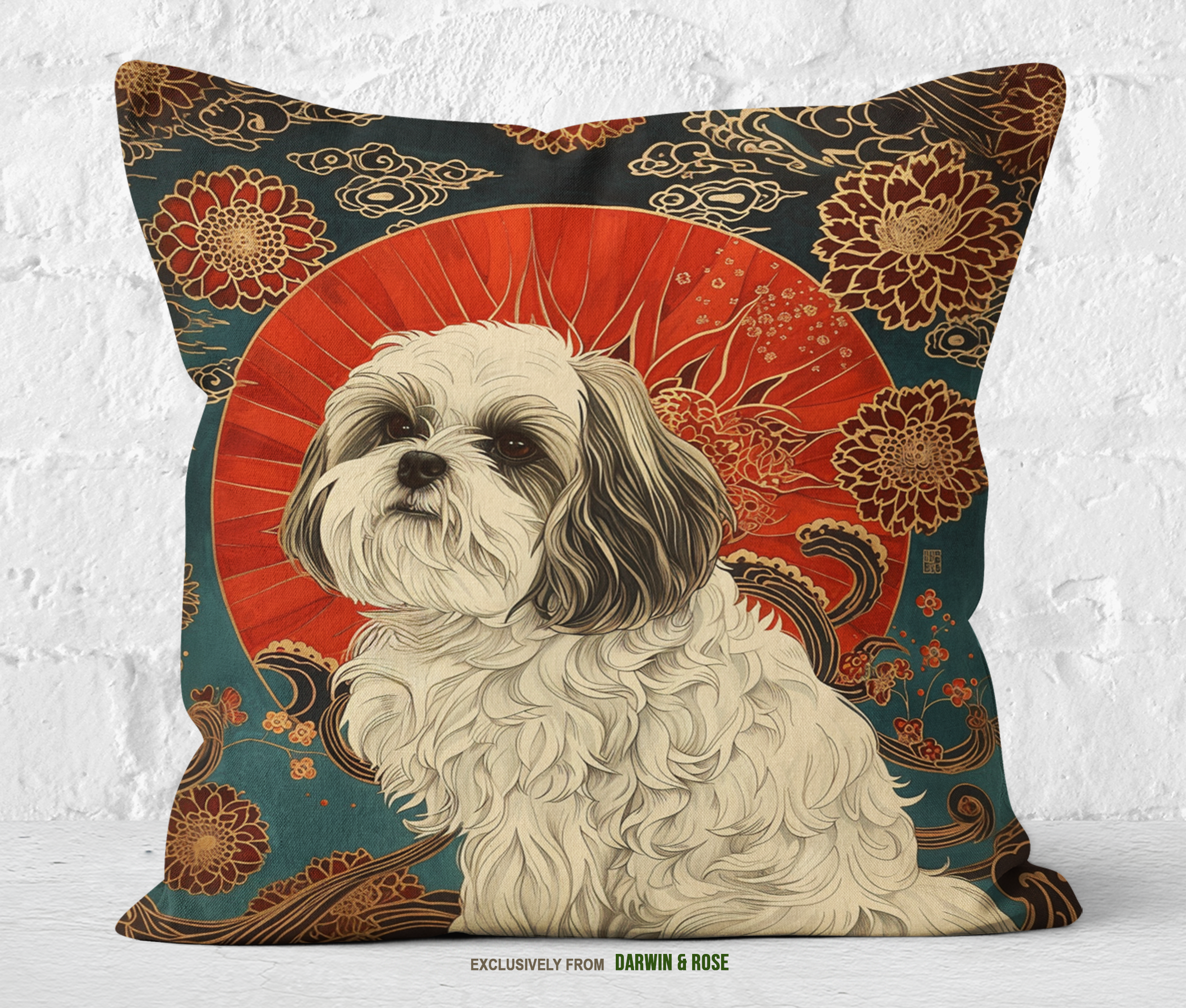 Lhasa Apso Boho Chic Throw Pillow – Vibrant Floral Oriental Design