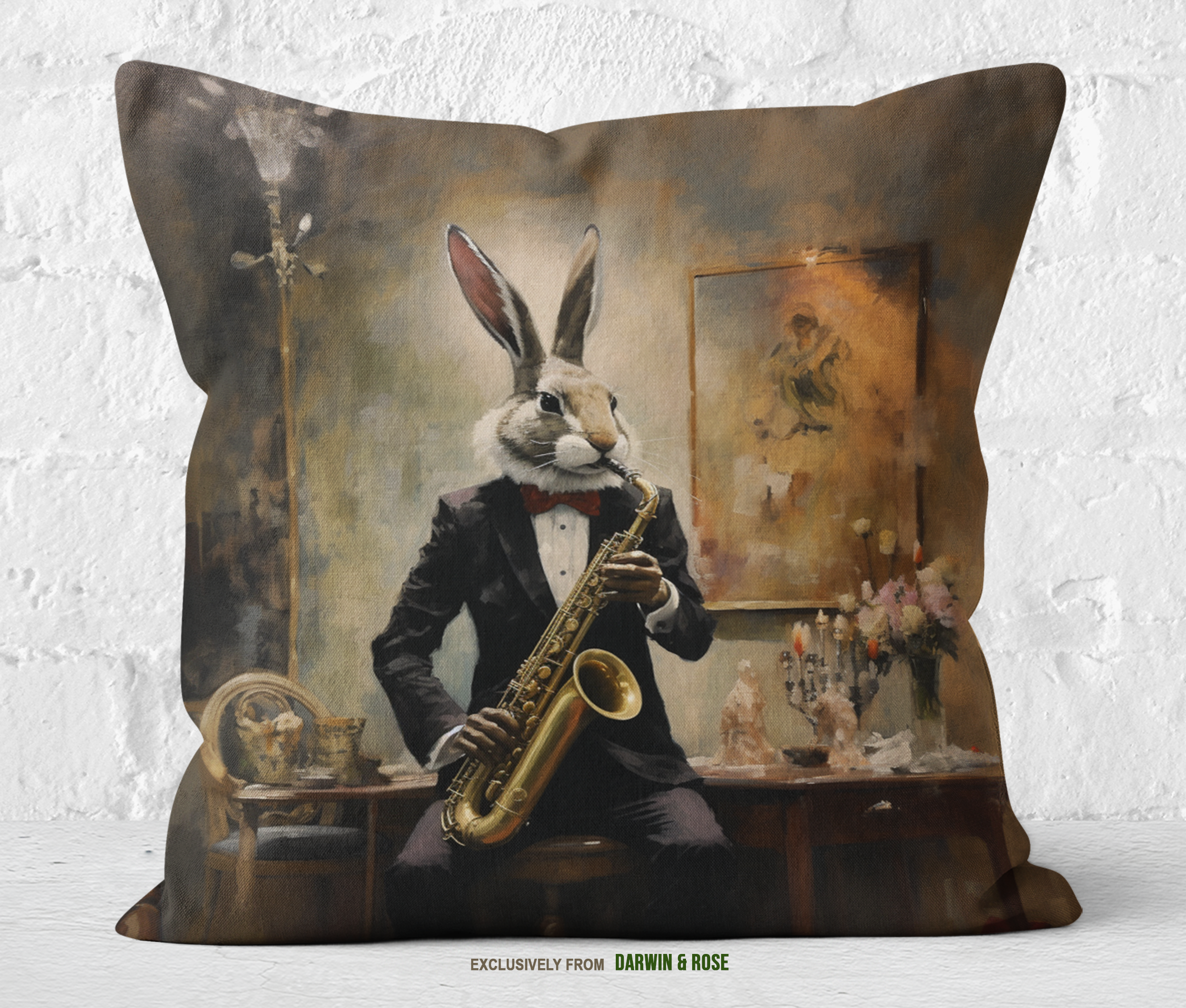 Sophisticated Easter Bunny Saxophonist Pillow – Vintage Boho Decor