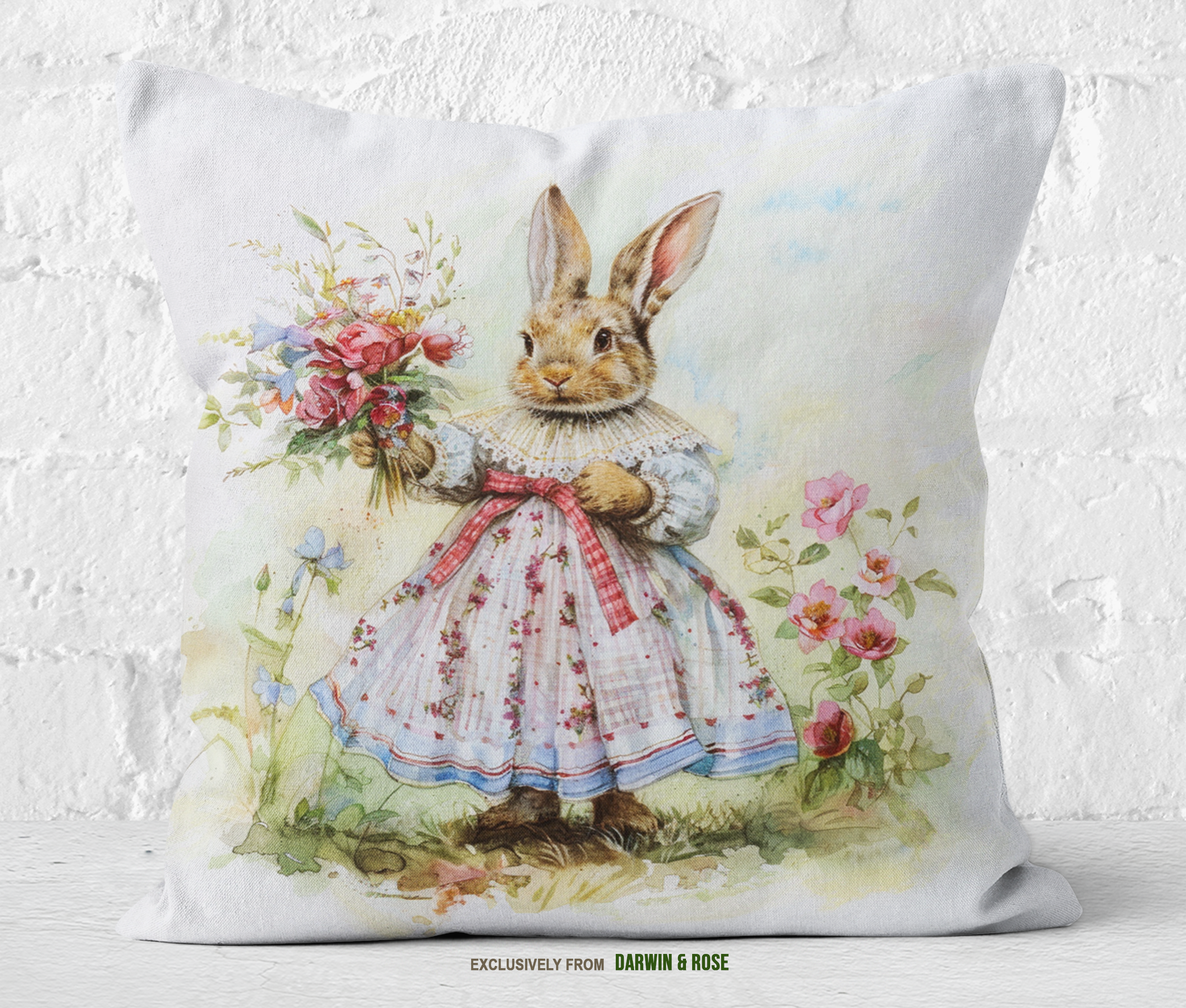 Vintage Easter Bunny Floral Throw Pillow - Cottagecore Spring Decor