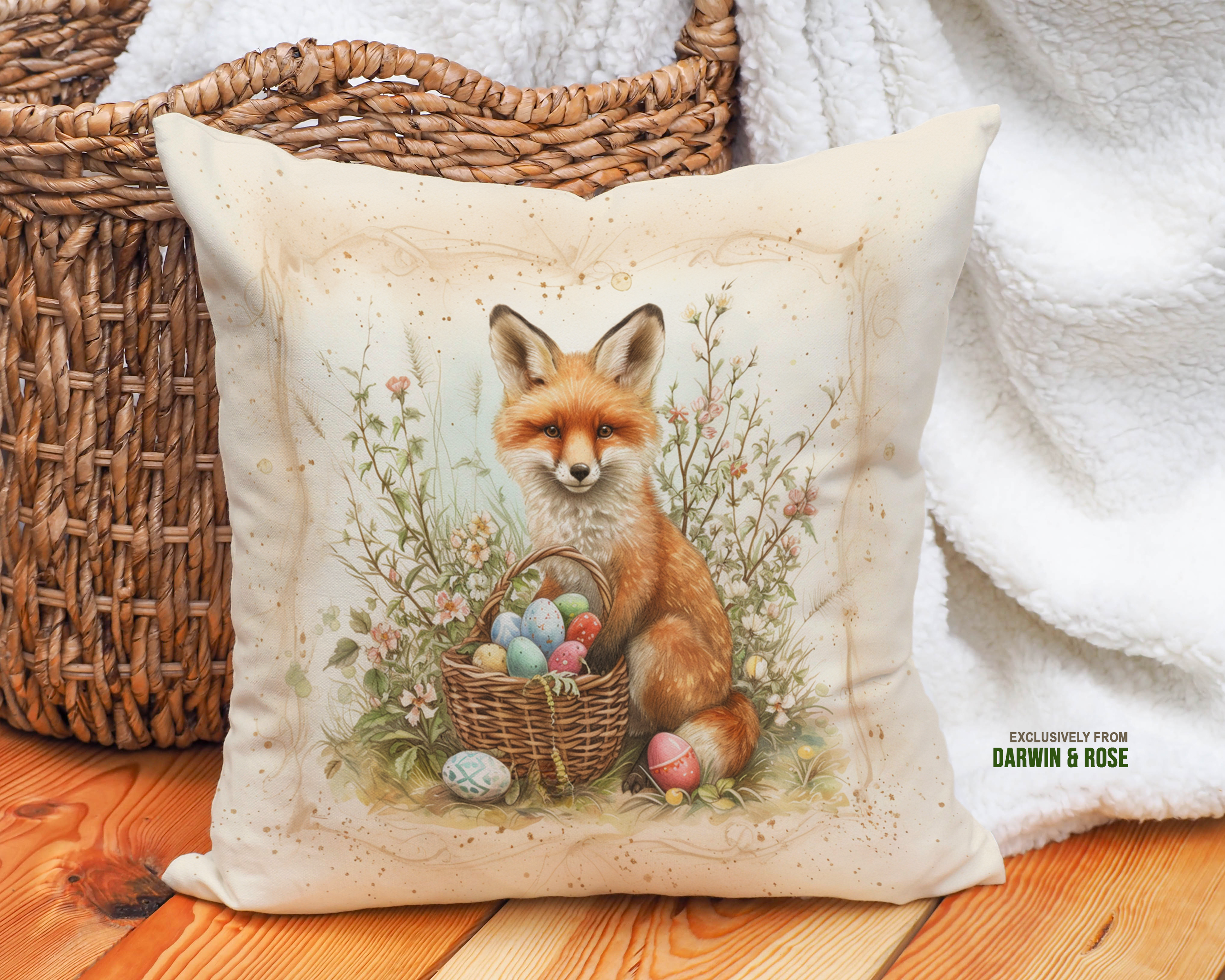 Whimsical Easter Fox Throw Pillow – Cottagecore Spring Décor