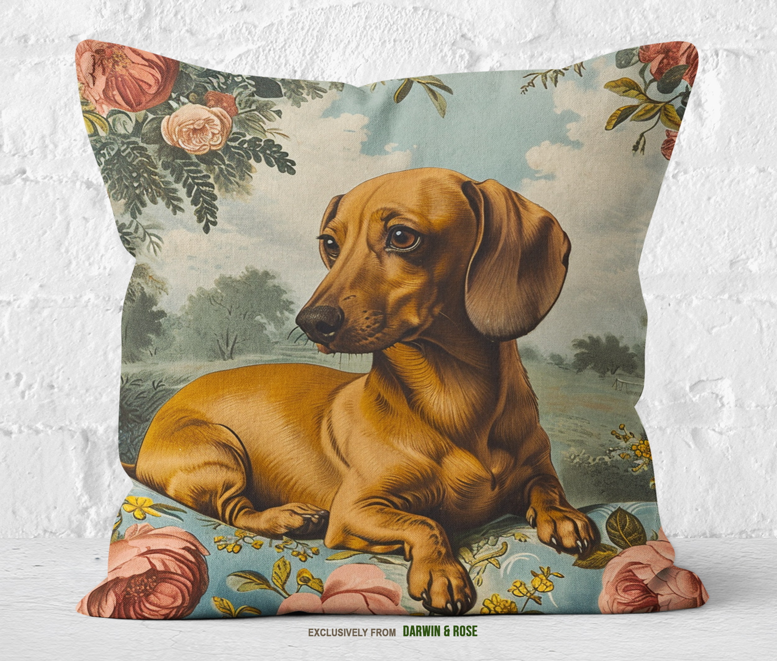 Dachshund Floral Vintage Throw Pillow – Modern Farmhouse Dog Lover's Décor