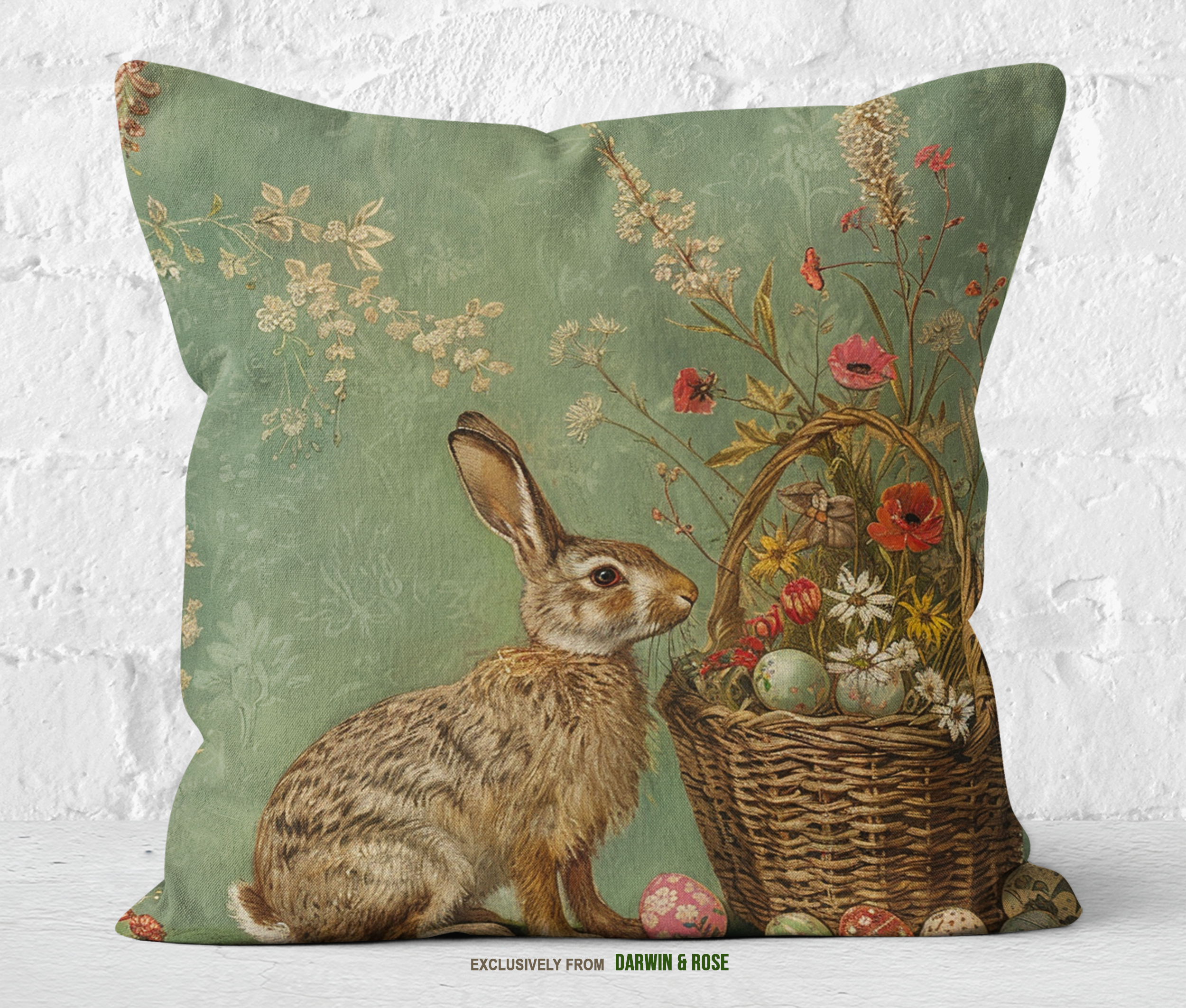 Vintage Easter Bunny Throw Pillow – Rustic Farmhouse Spring Décor