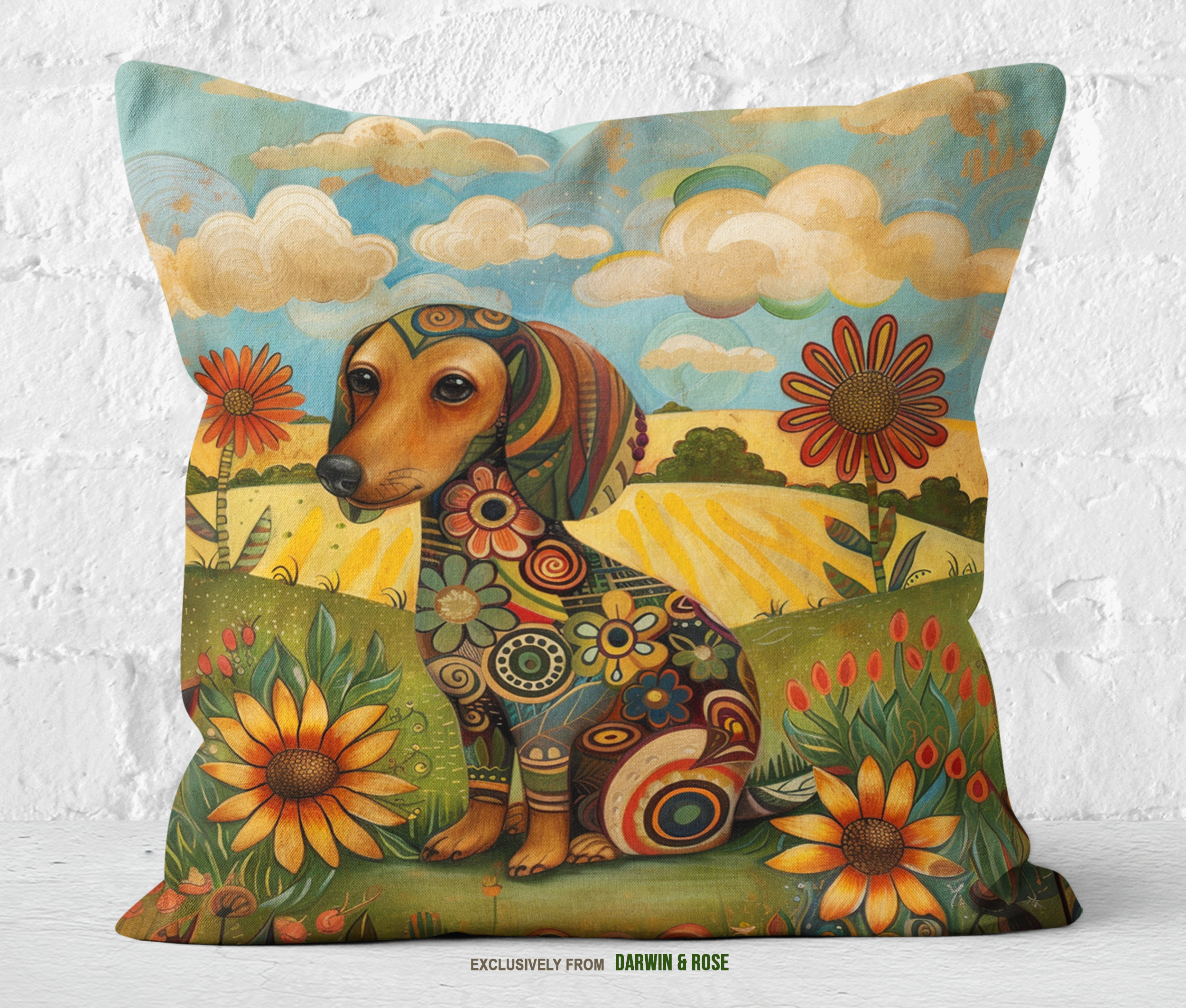 Boho Floral Dachshund Throw Pillow – Whimsical Farmhouse Charm