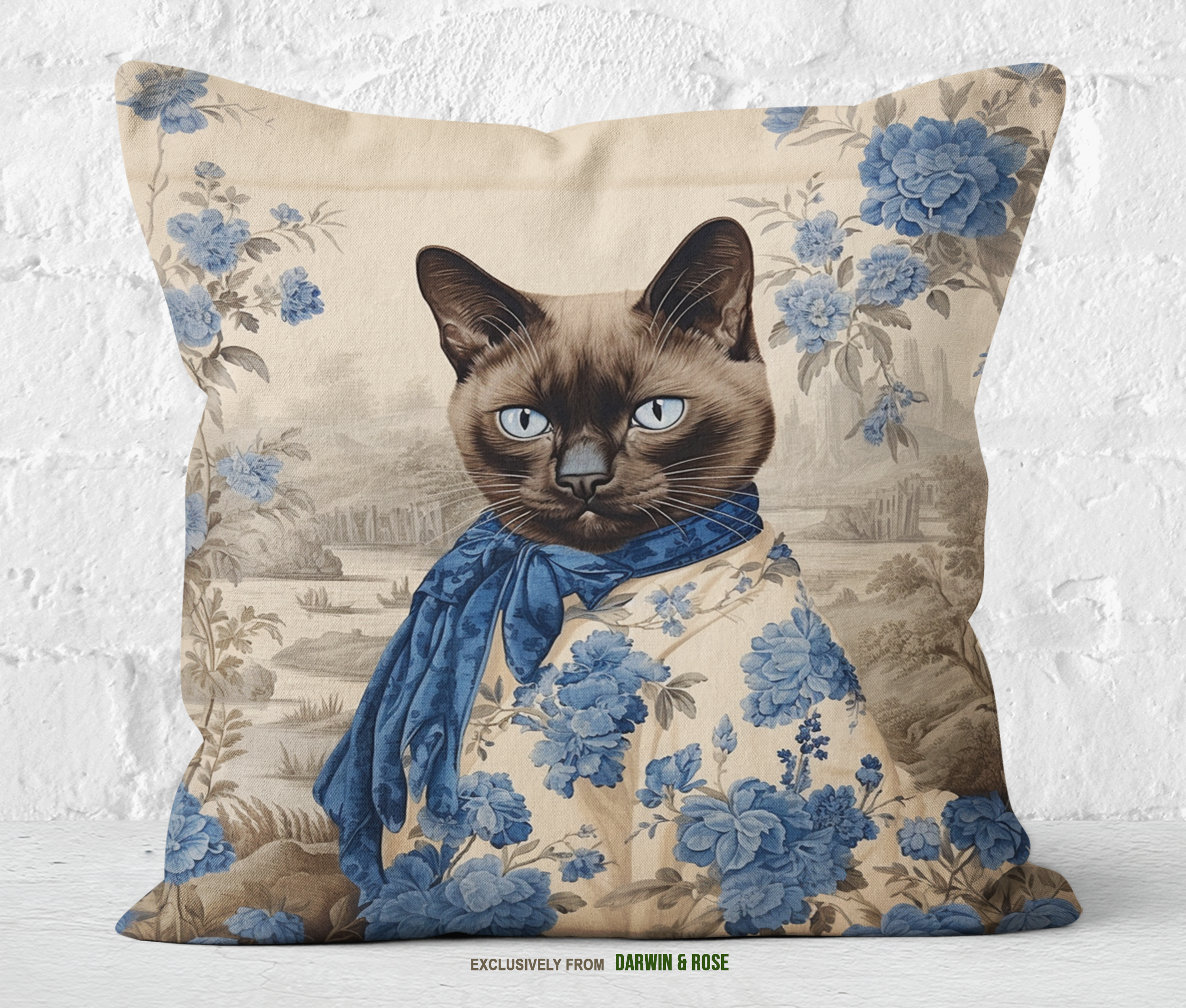 Regal Burmese Cat in Blue Floral Vintage Modern Throw Pillow