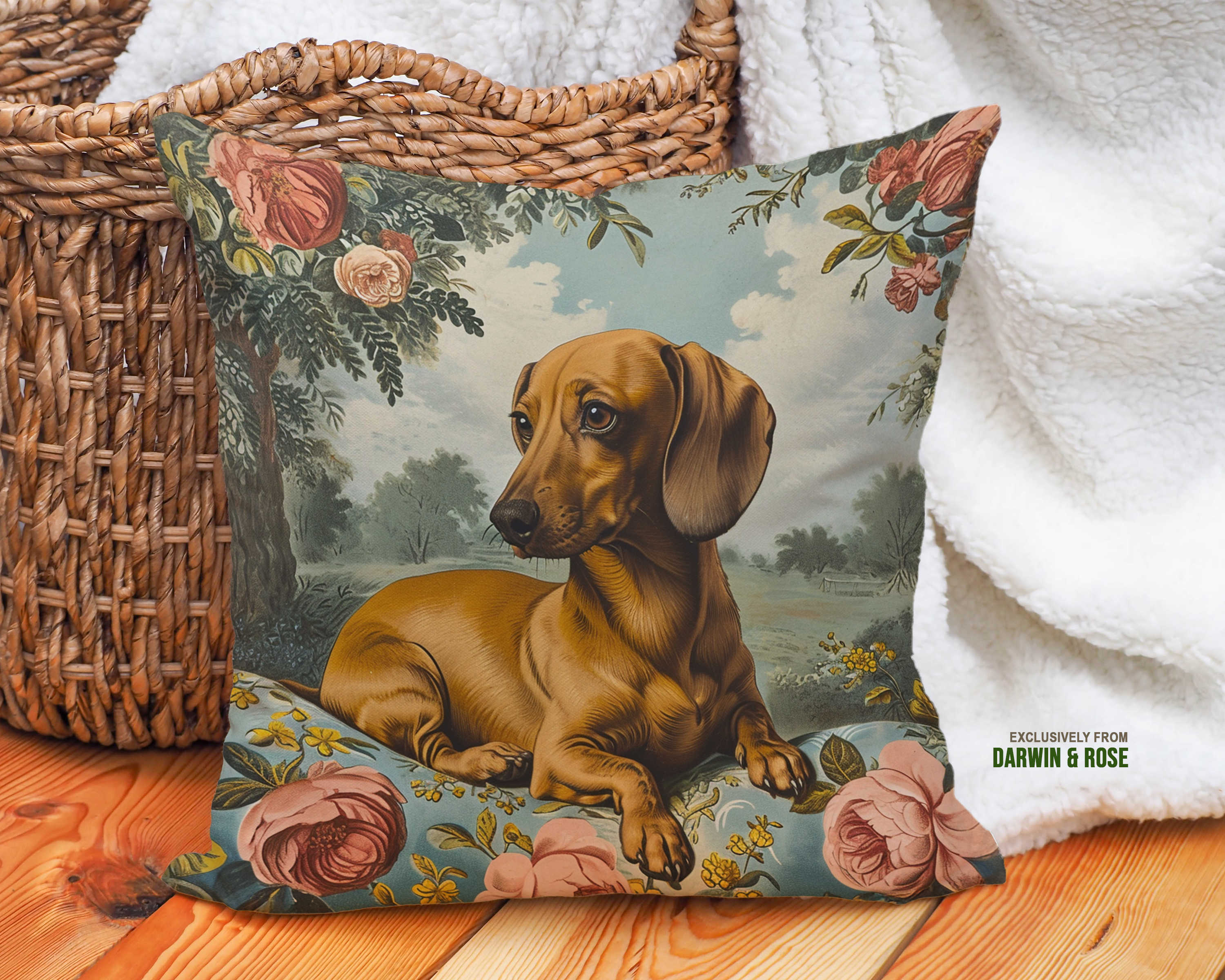 Dachshund Floral Vintage Throw Pillow – Modern Farmhouse Dog Lover's Décor