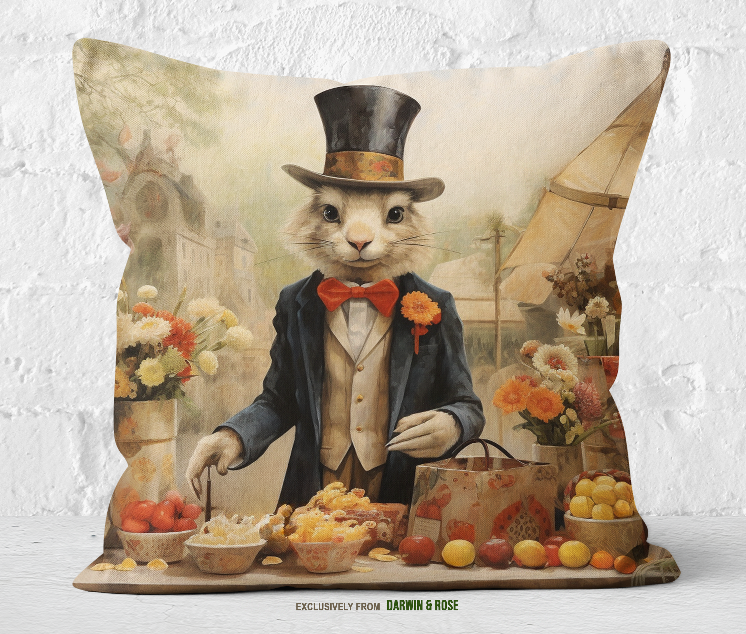 Easter Bunny Market Throw Pillow – Whimsical Vintage Spring Decor