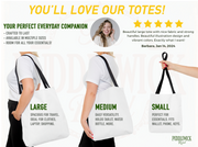 a woman carrying a tote bag with the words, you'll love our