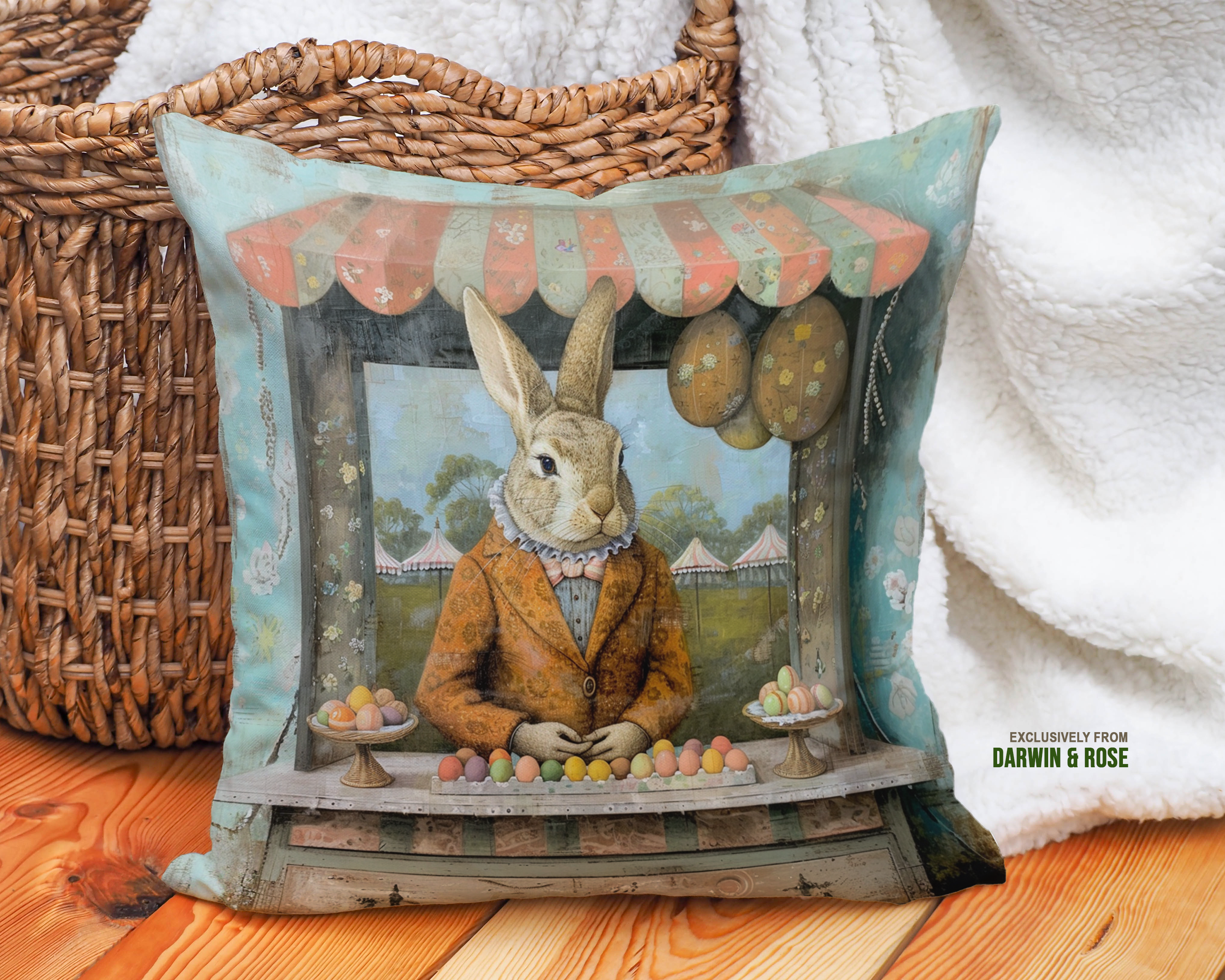 Easter Bunny Market Throw Pillow – Vintage Farmhouse Easter Decor