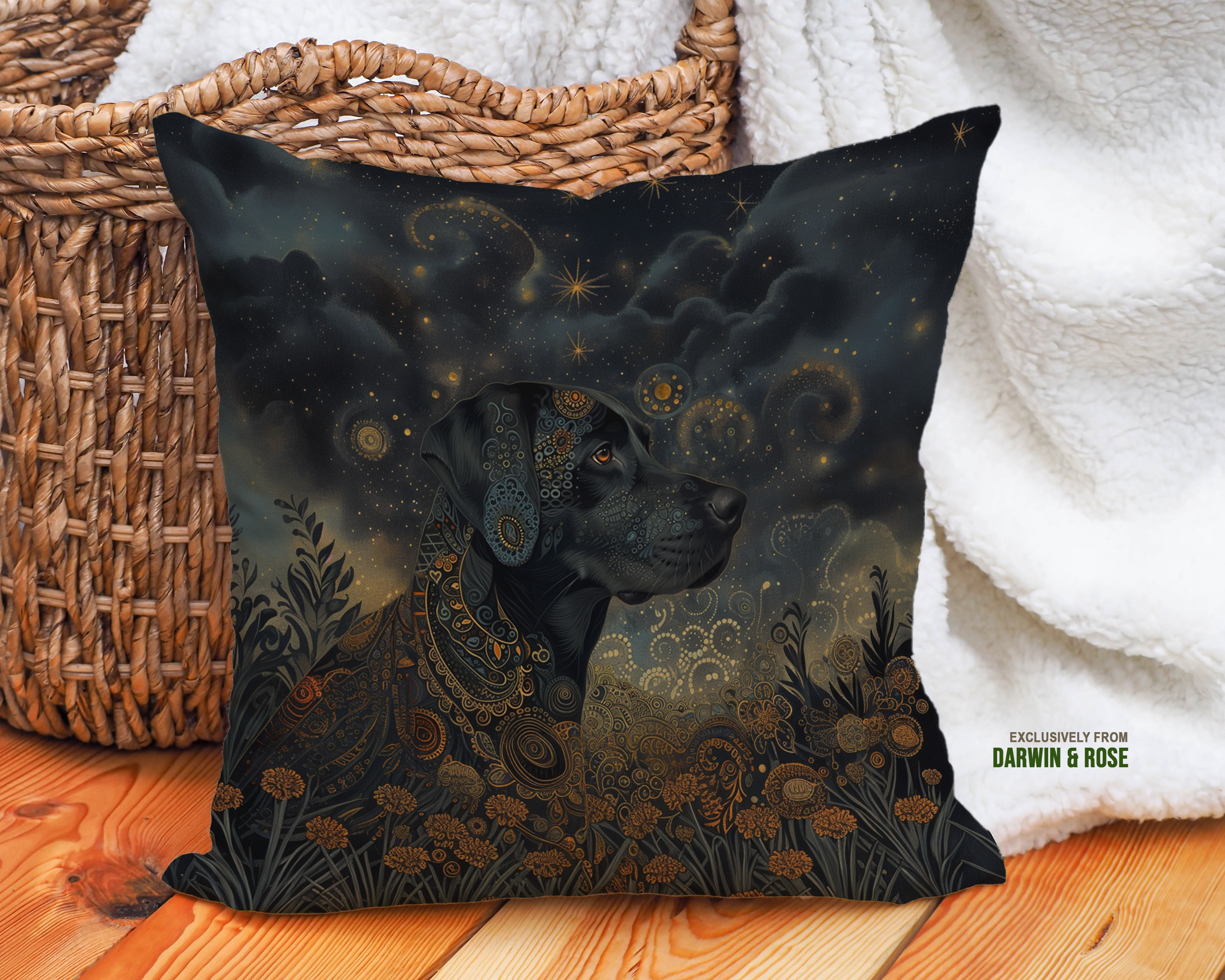 Whimsical Night Sky Black Labrador Throw Pillow – Boho Chic Dog Lover Decor