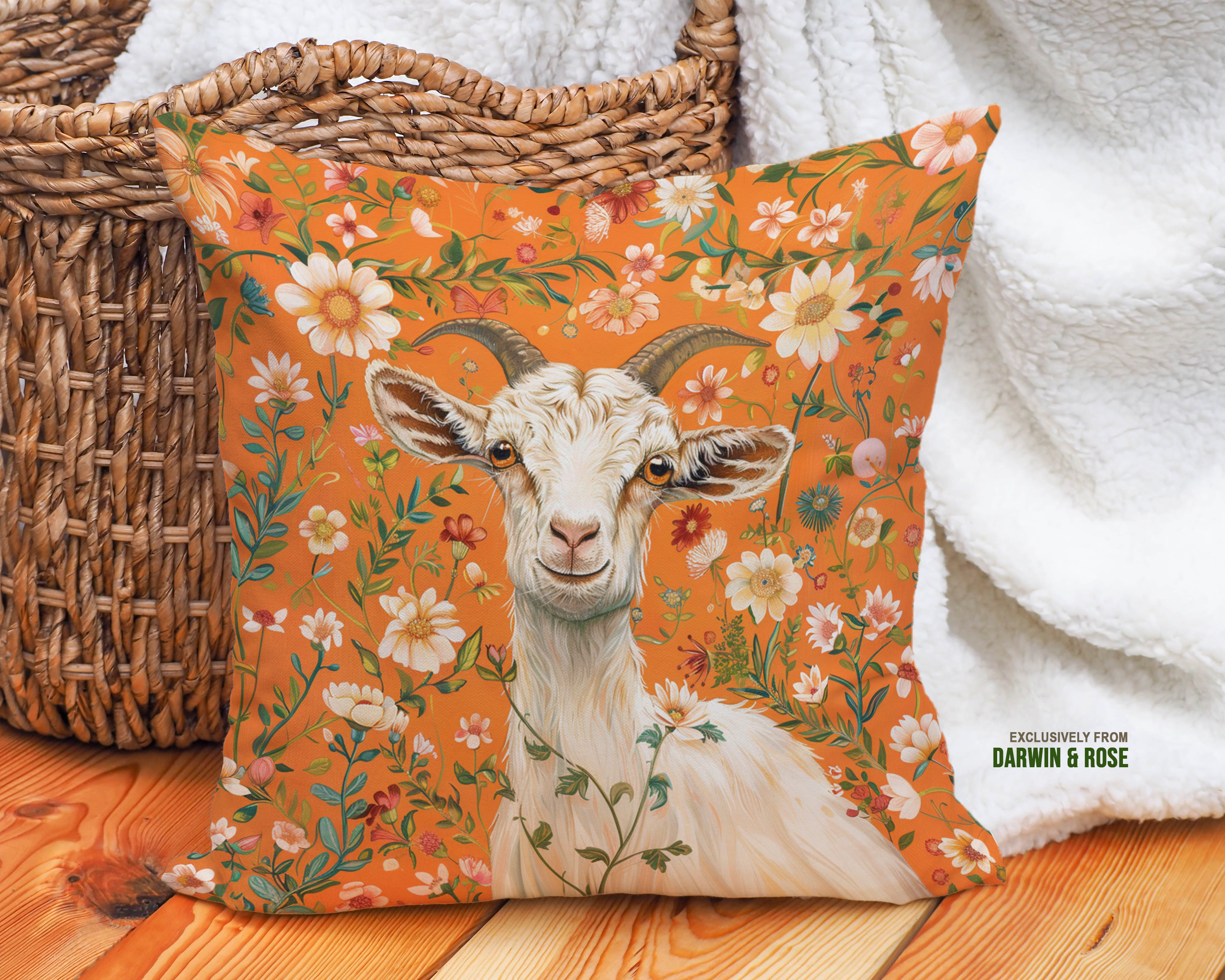 Easter Goat Floral Delight Throw Pillow, Farmhouse Spring Décor