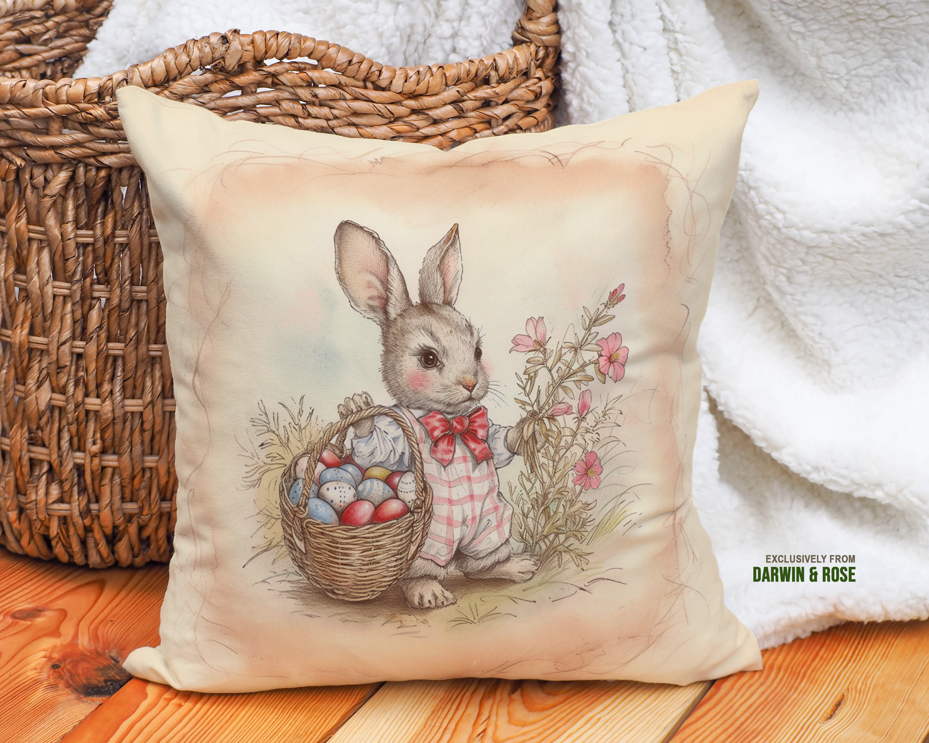 Vintage Easter Bunny Throw Pillow – Farmhouse Spring Décor
