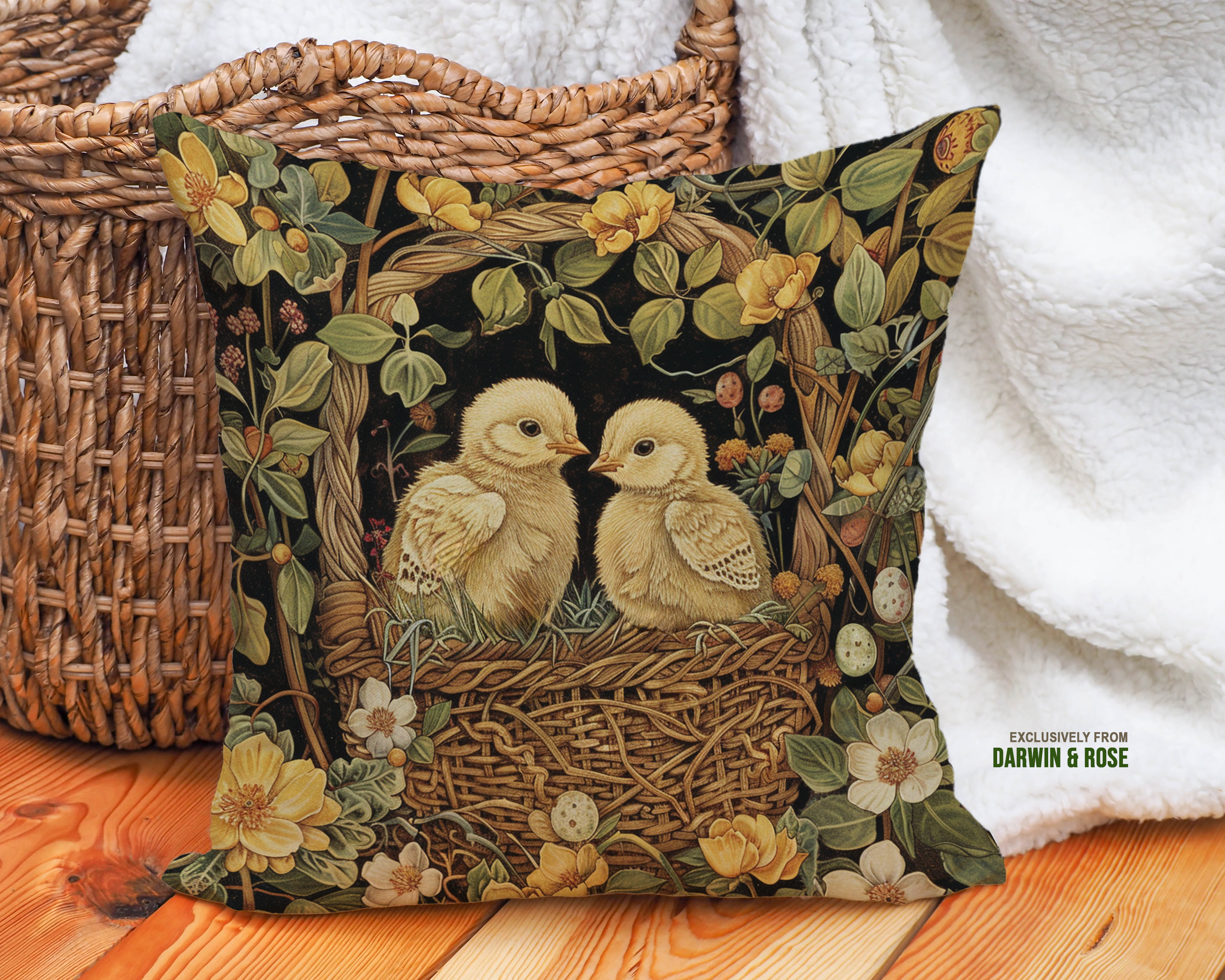 Springtime Easter Chicks in a Rustic Basket - Farmhouse Throw Pillow