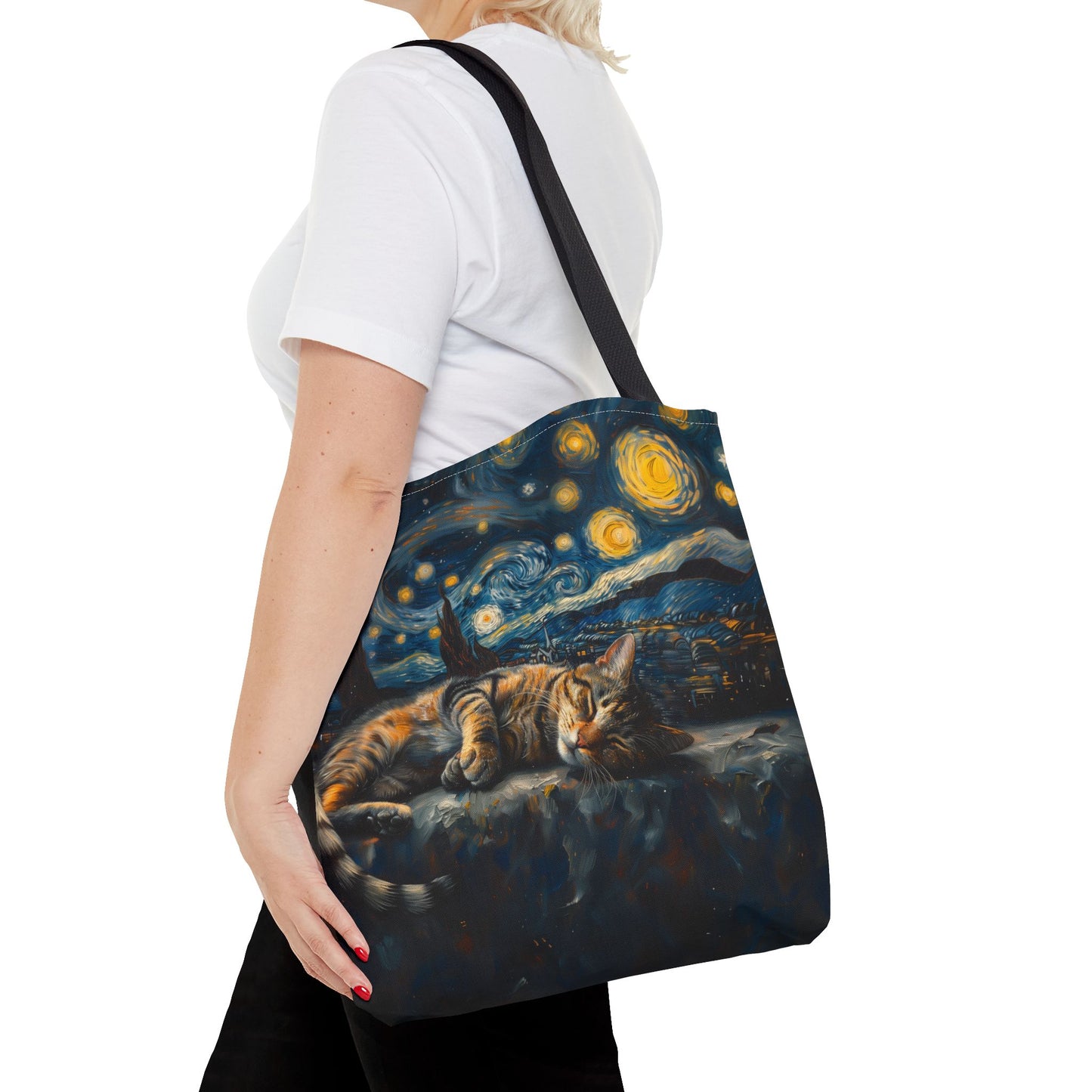 Starry Night Cat Tote Bag - Van Gogh-Inspired Canvas Design