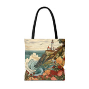 Coastal Lighthouse Canvas Tote Bag, Vintage Floral Ocean Design