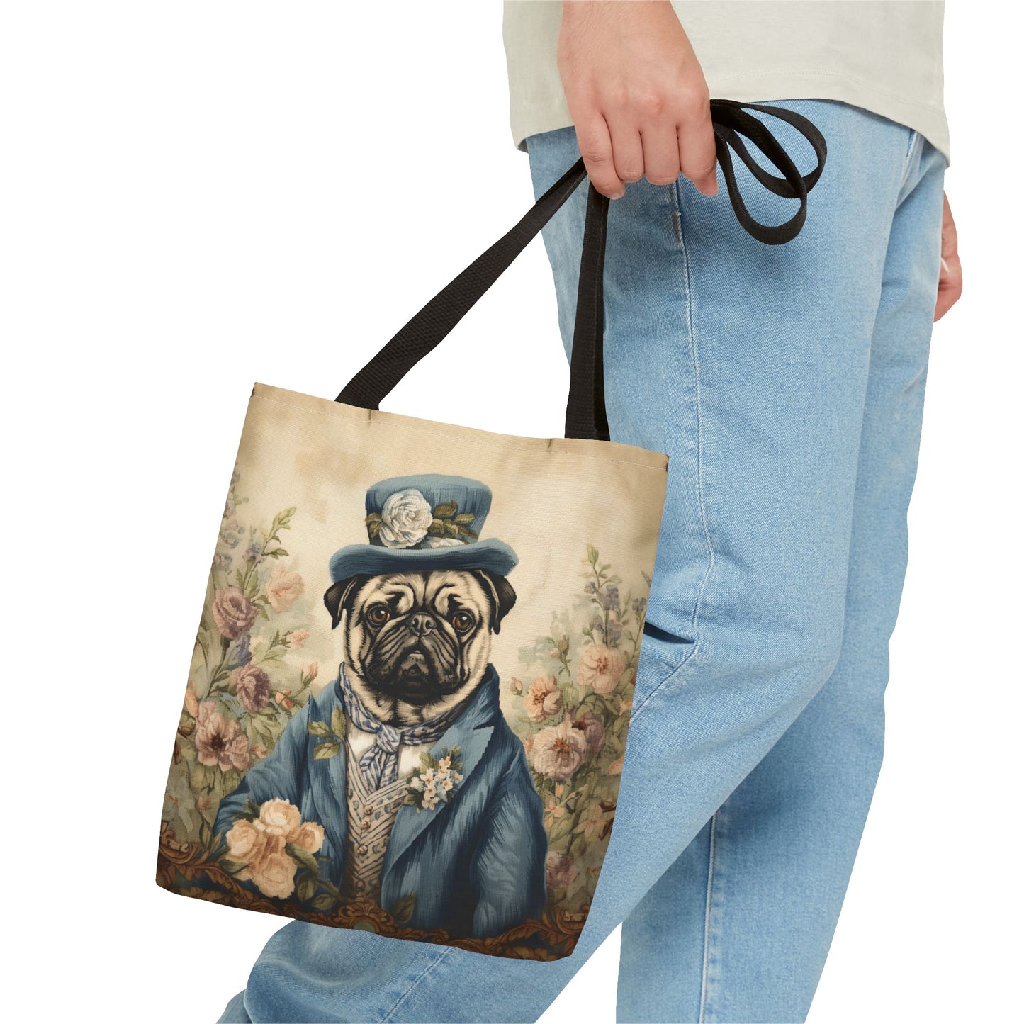 Elegant Pug Aristocrat Tote Bag - Stylish Floral Canvas Shopping Bag