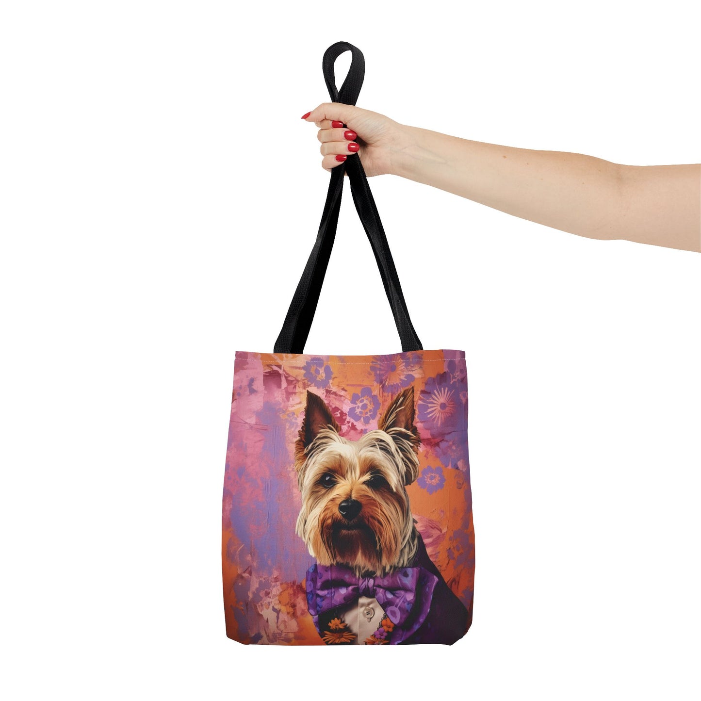 Yorkie Elegance Tote Bag with Vibrant Floral Backdrop, Eco-Friendly