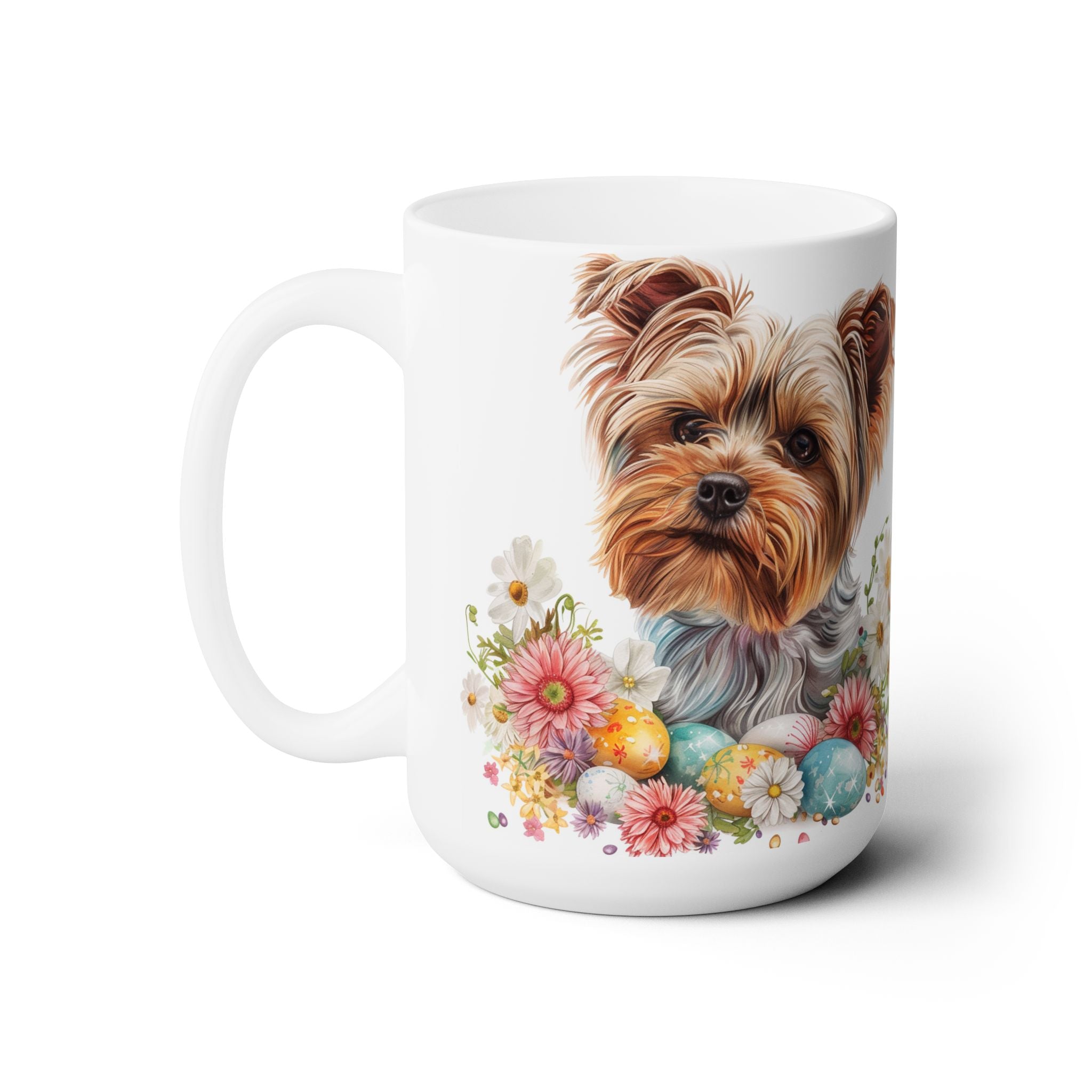 Yorkshire Terrier Easter Mug with Colorful Floral Design