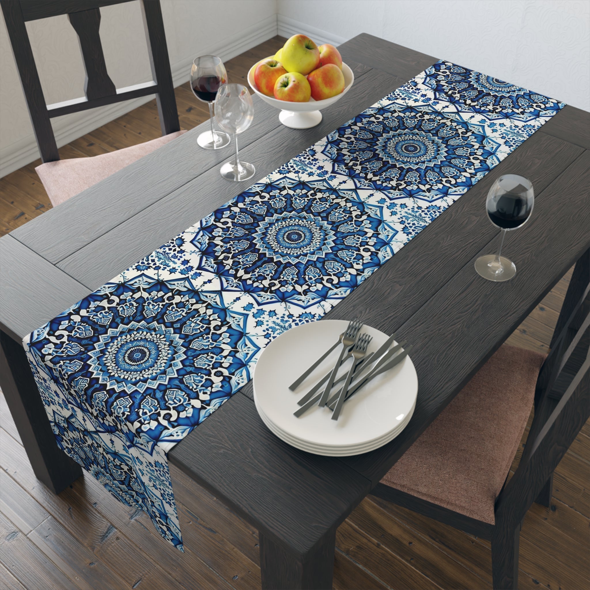 Gzhel-Inspired Table Runner | Blue and White Mandala Design (72" or 90")