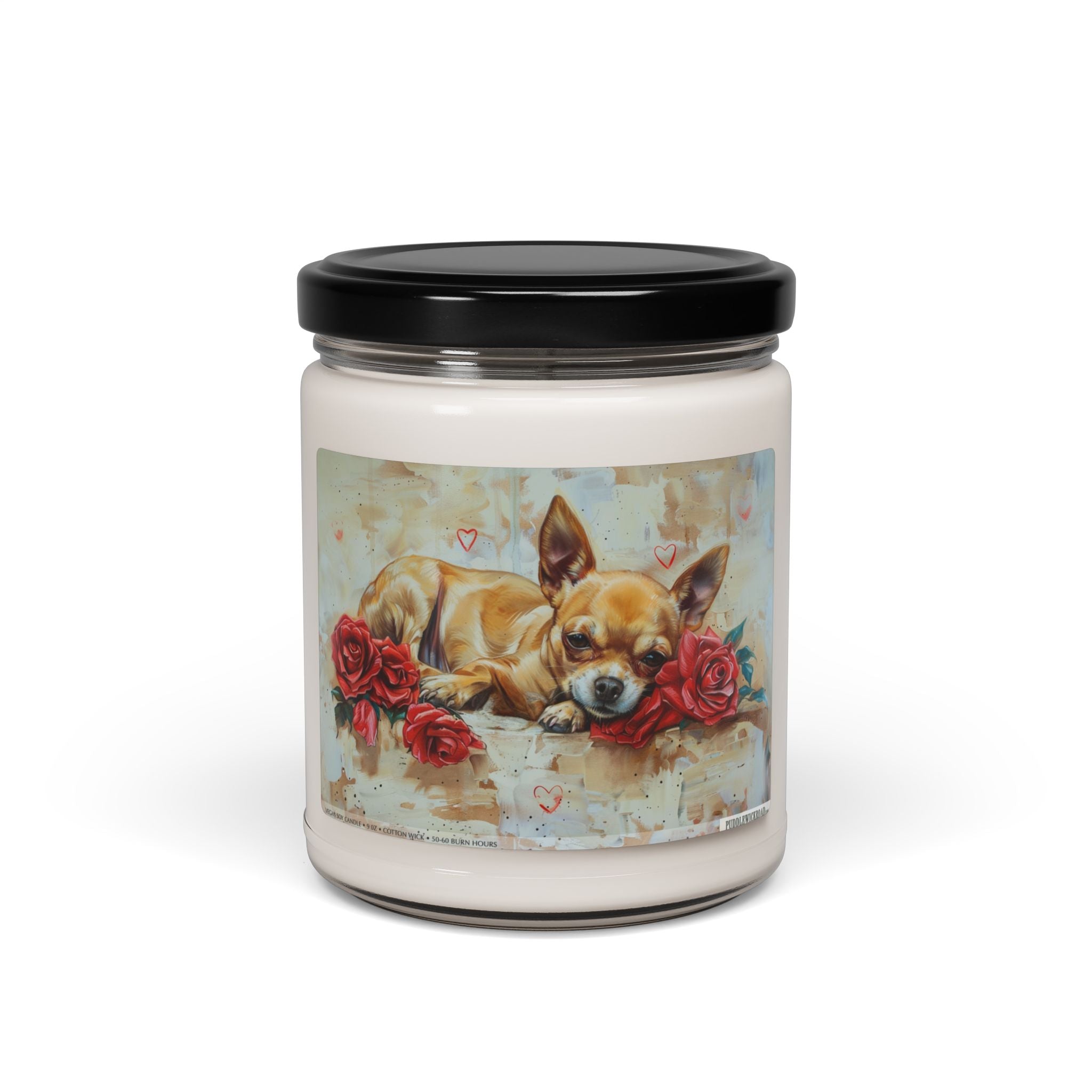 Charming Chihuahua Candle – Vintage Art with Red Roses