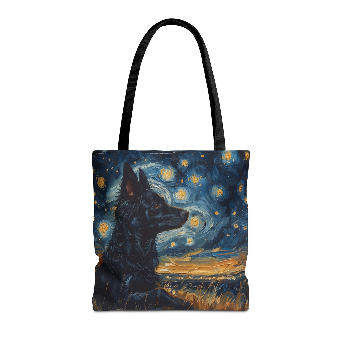 Starry Night Black Dog Tote Bag, Artistic Grocery & Beach Accessory