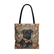 Charming Black Pug Floral Tote Bag with Elegant Bowtie Design