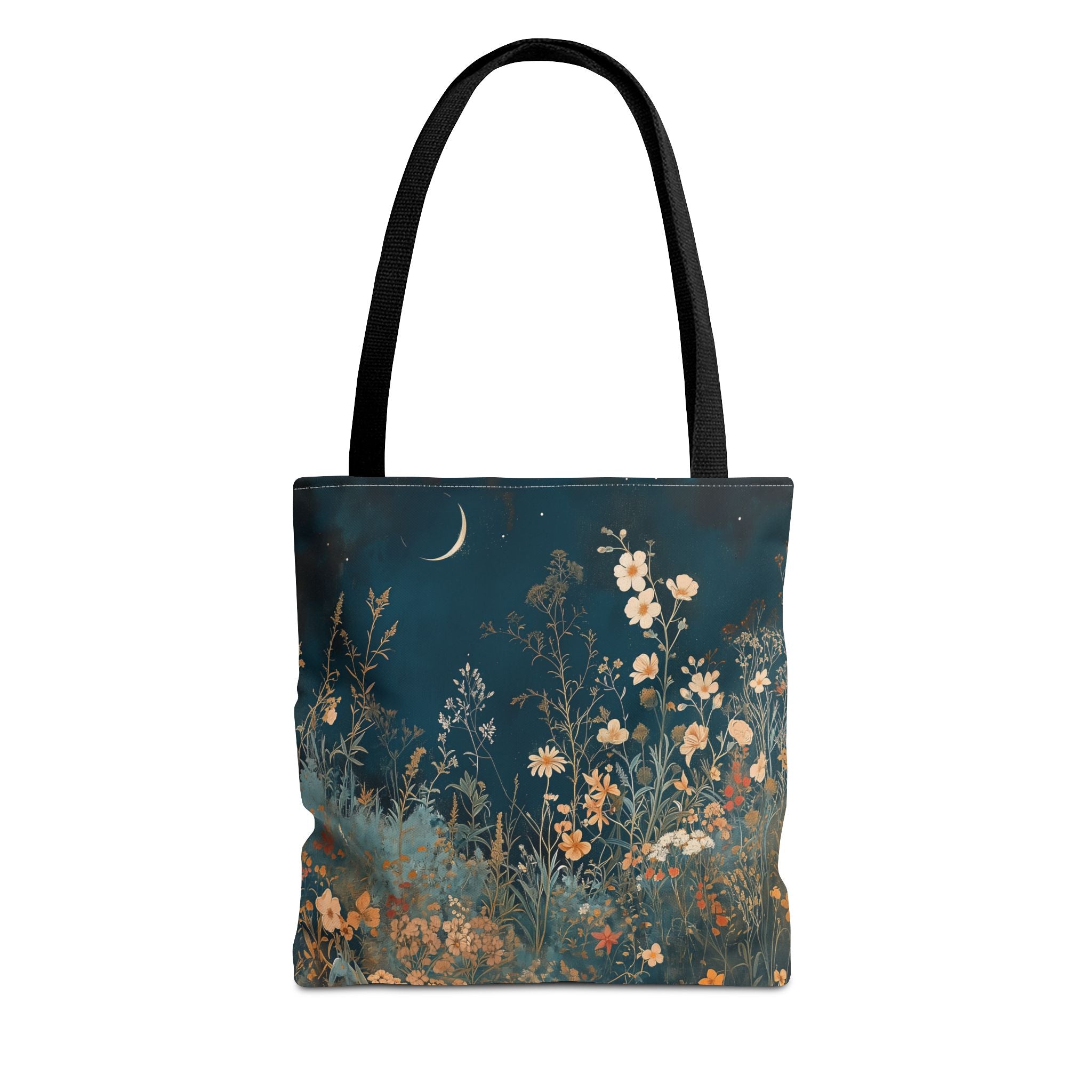 Nocturnal Bloom Crescent Moon Canvas Tote Bag, Floral Eco-Friendly Gift