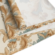 French Damask Table Runner | Gold, Beige, and Teal Design (72" or 90")