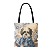 Elegant Shih Tzu Floral Tote Bag with Blue Bow for Dog Lovers