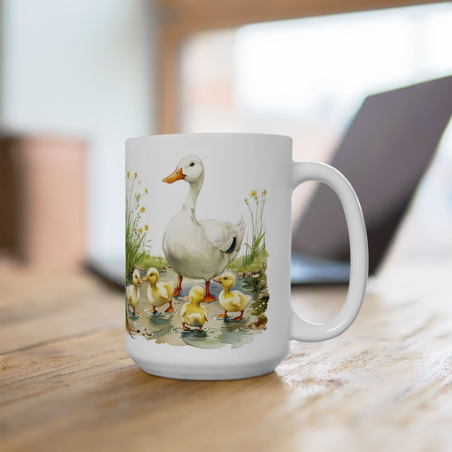 Mother Duck and Ducklings Pond Scene Coffee Mug, Whimsical Animal Gift Cup