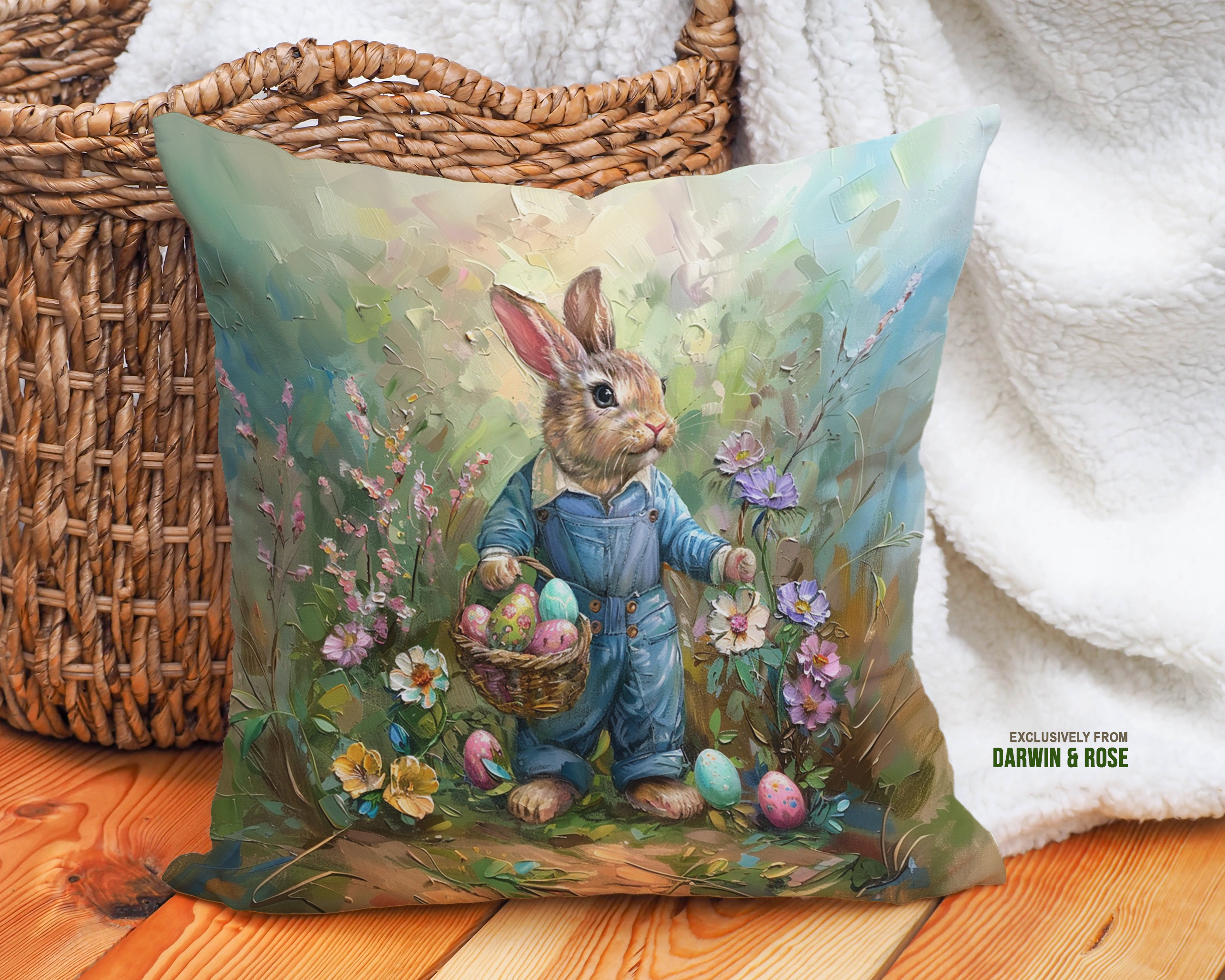 Easter Bunny in Spring Floral Garden Throw Pillow