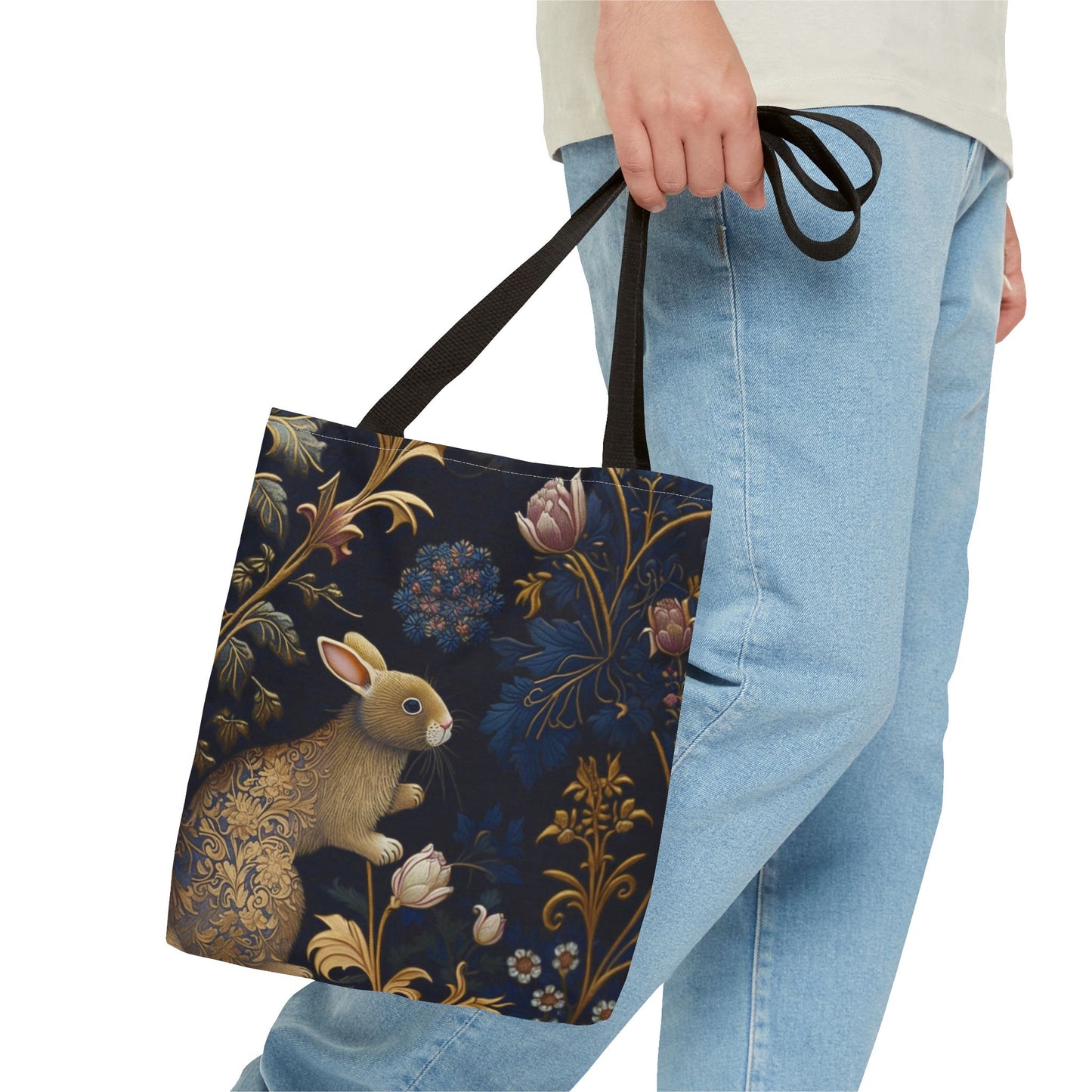 Golden Rabbit Botanical Tote Bag - Elegant Eco-Friendly Canvas Bag