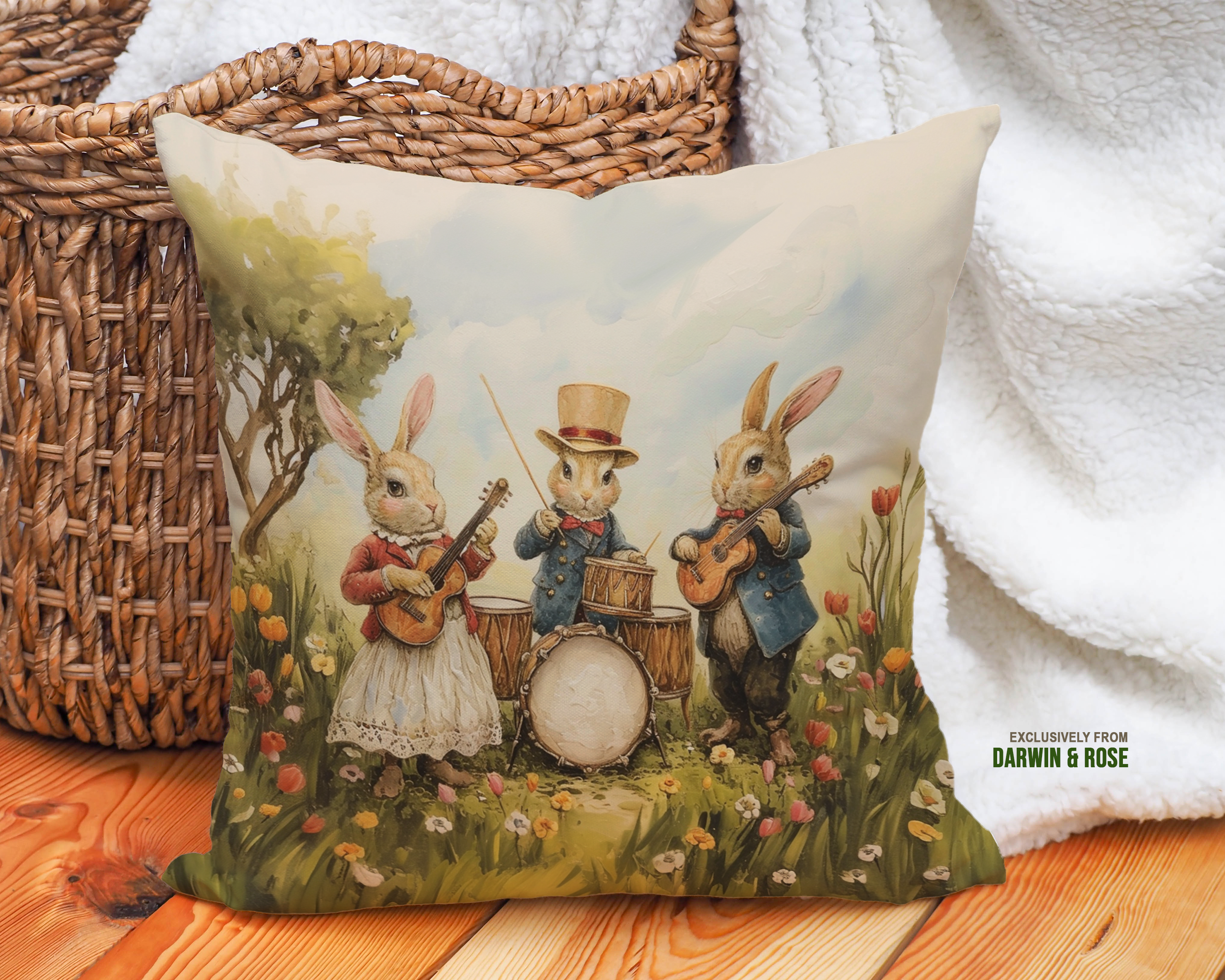 Easter Bunny Trio Musical Spring Throw Pillow