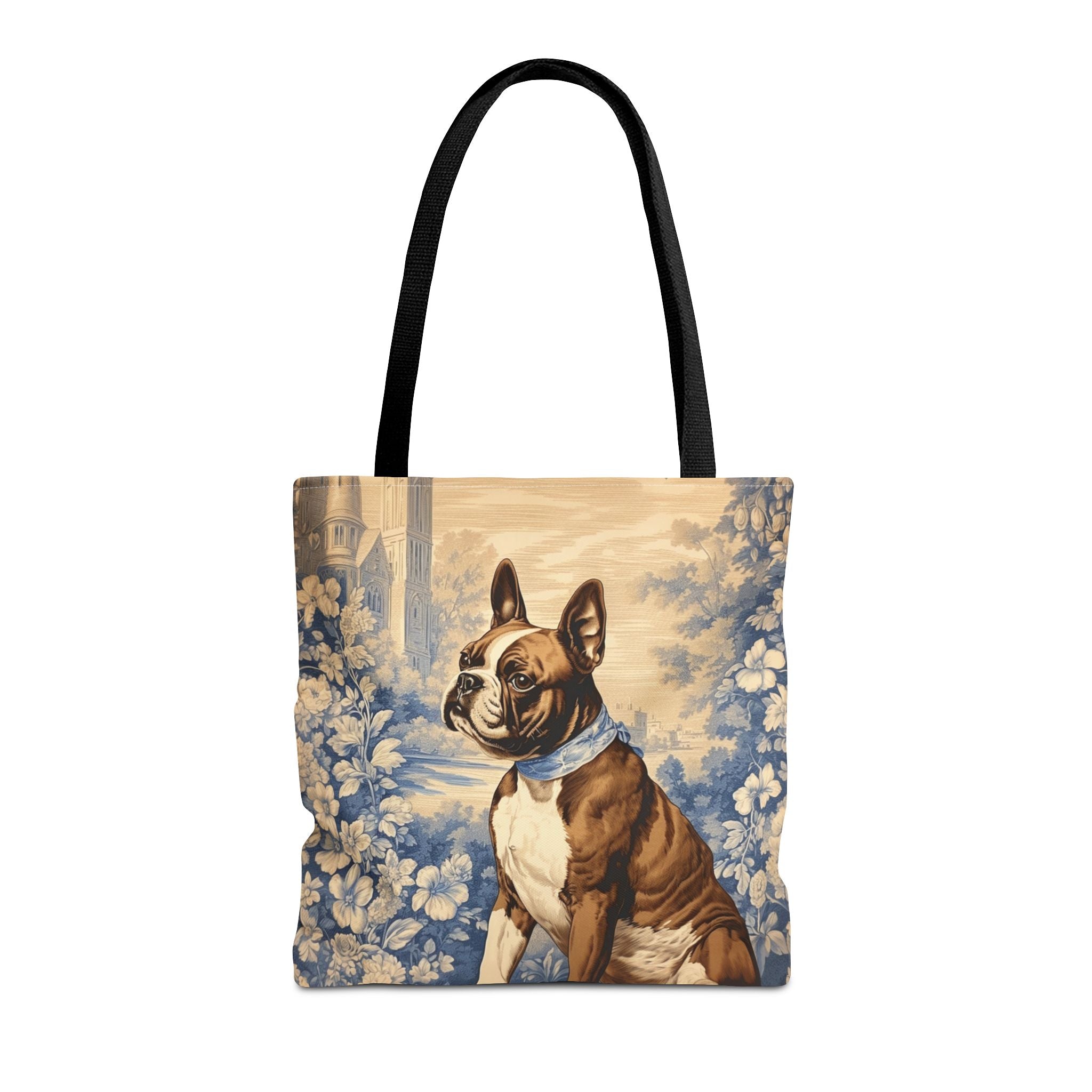 Boston Terrier Tote Bag with Scenic Blue Floral Design