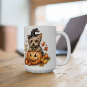 Yorkie Halloween Mug with Witch Hat and Pumpkin Design