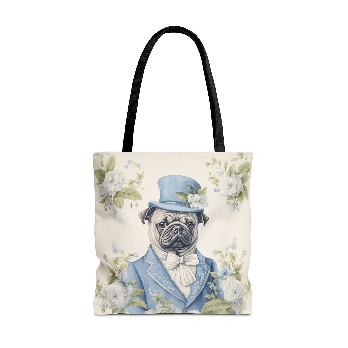 Dapper Pug Tote Bag, Elegant Floral Eco-Friendly Market Bag