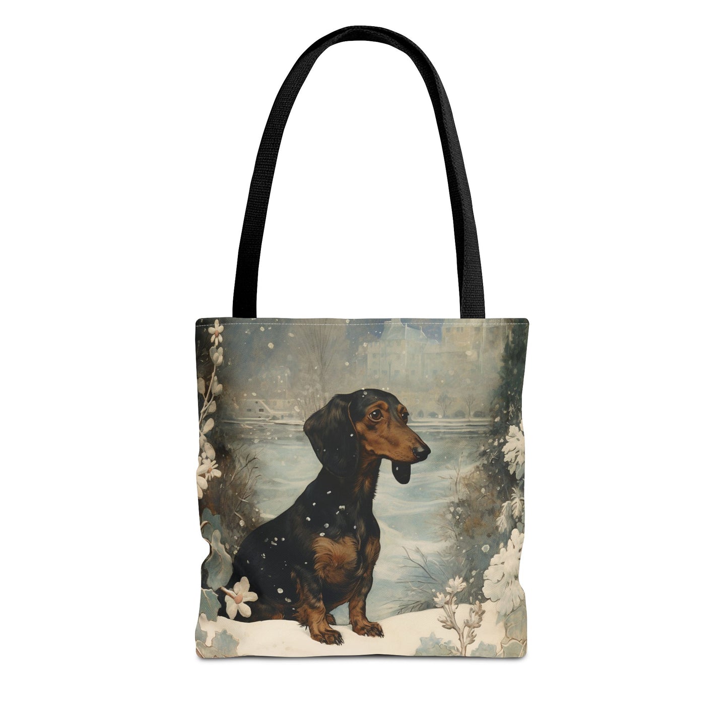 Dachshund Snowy Winter Scene Canvas Tote Bag for Dog Lovers