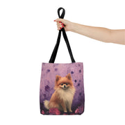 Whimsical Pomeranian Tote Bag, Purple Floral Canvas for Dog Lovers