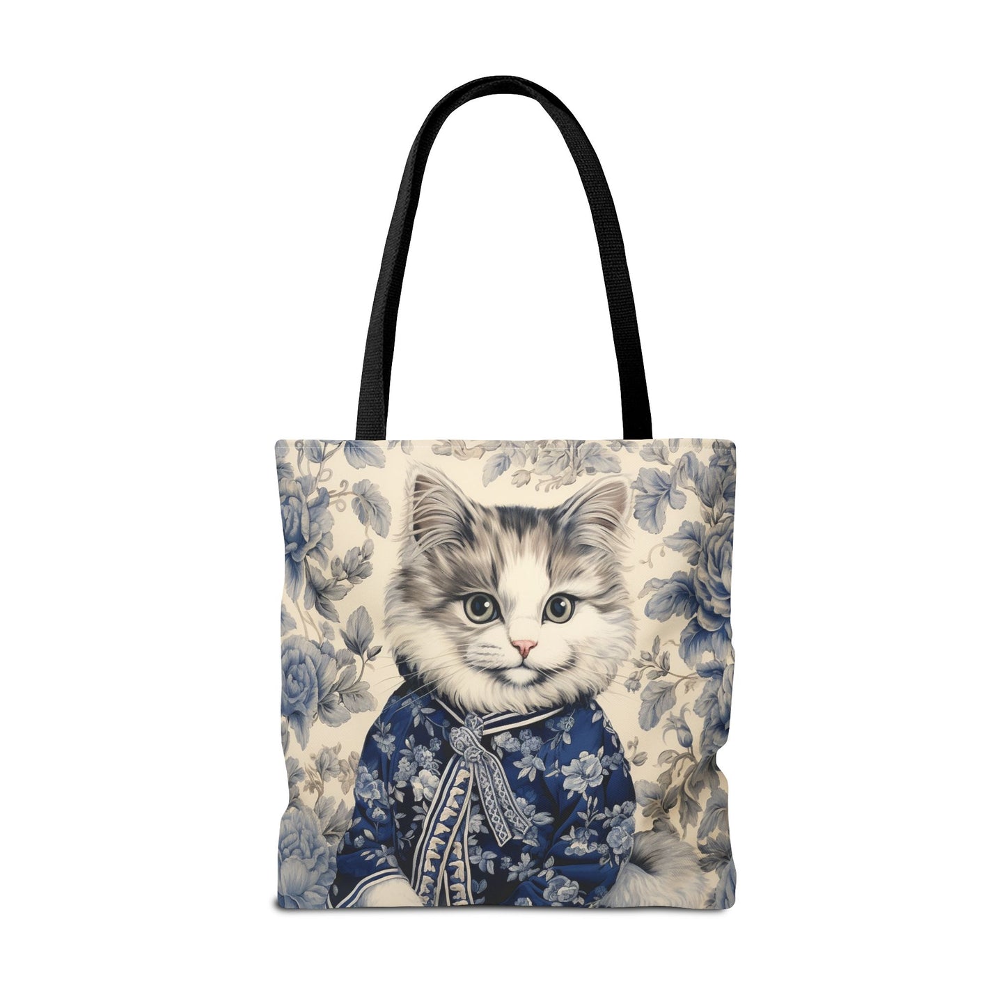 Chic Blue Floral Cat Tote Bag – Eco-Friendly Reusable Canvas