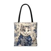 Chic Blue Floral Cat Tote Bag – Eco-Friendly Reusable Canvas