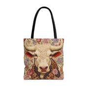 Floral Bull Art Tote Bag - Rustic Eco-Friendly Market Tote