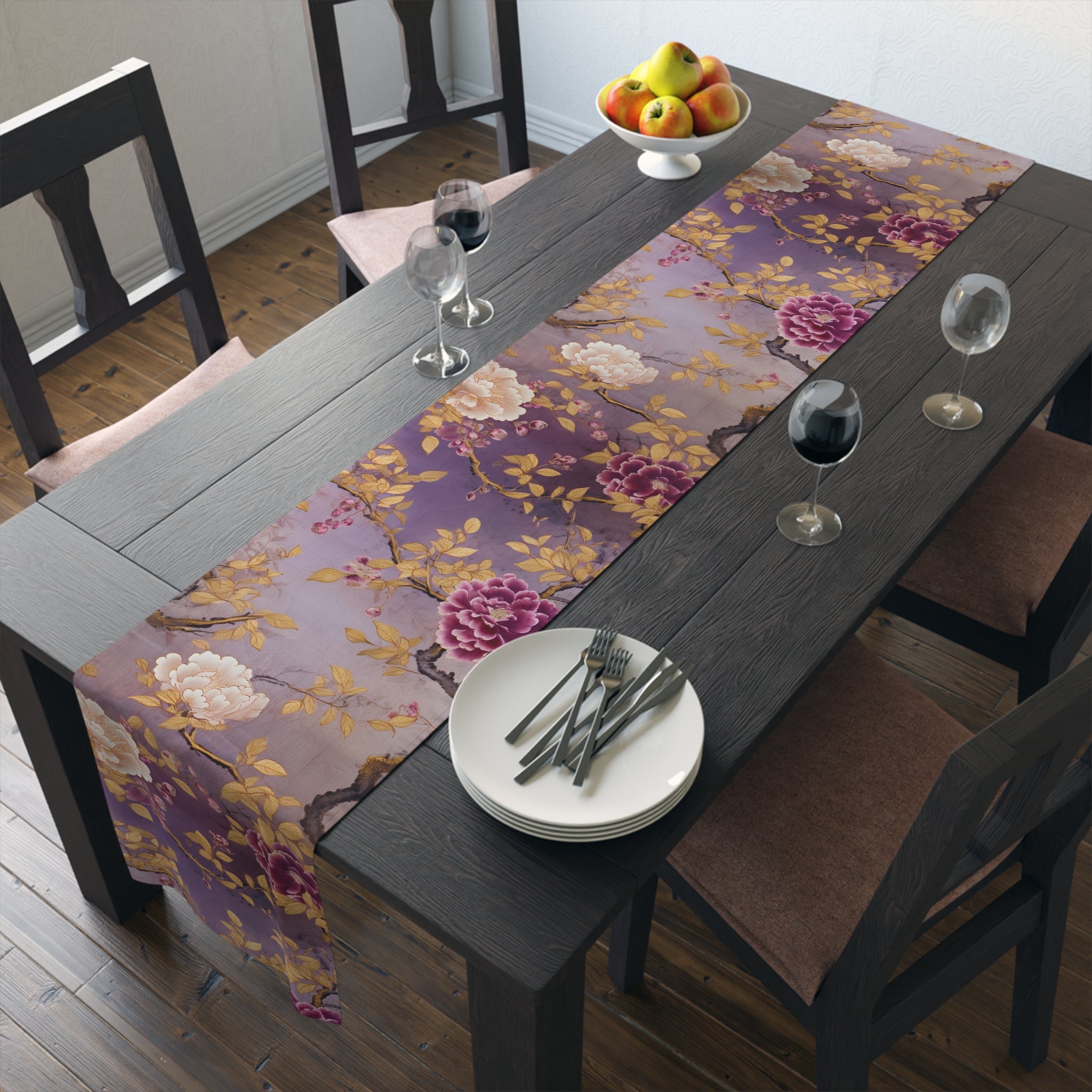 Amethyst Bloom Table Runner | Purple and Gold Floral Décor (72" or 90")