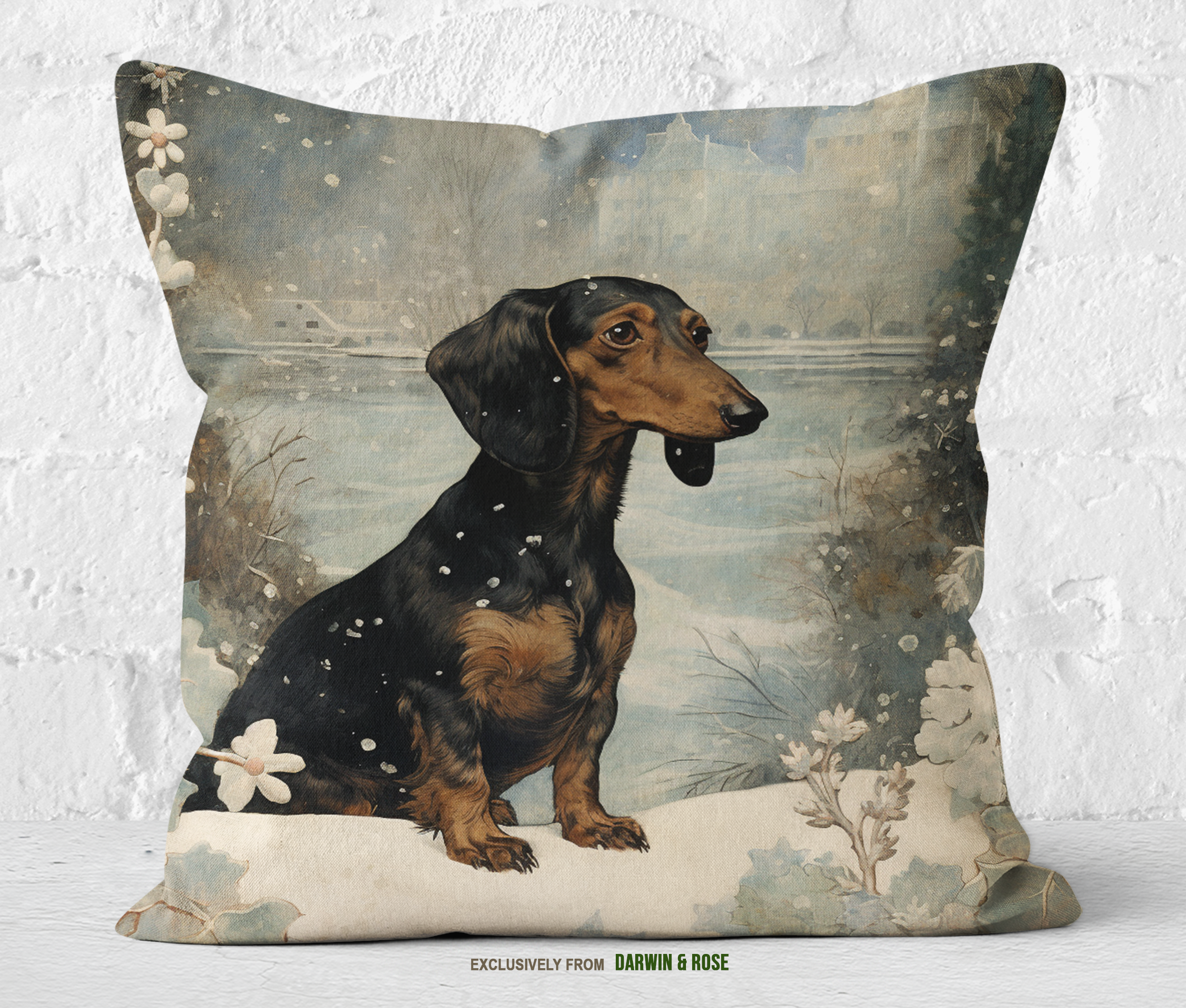 Snowy Winter Dachshund Pillow - Classic Holiday Decor Style