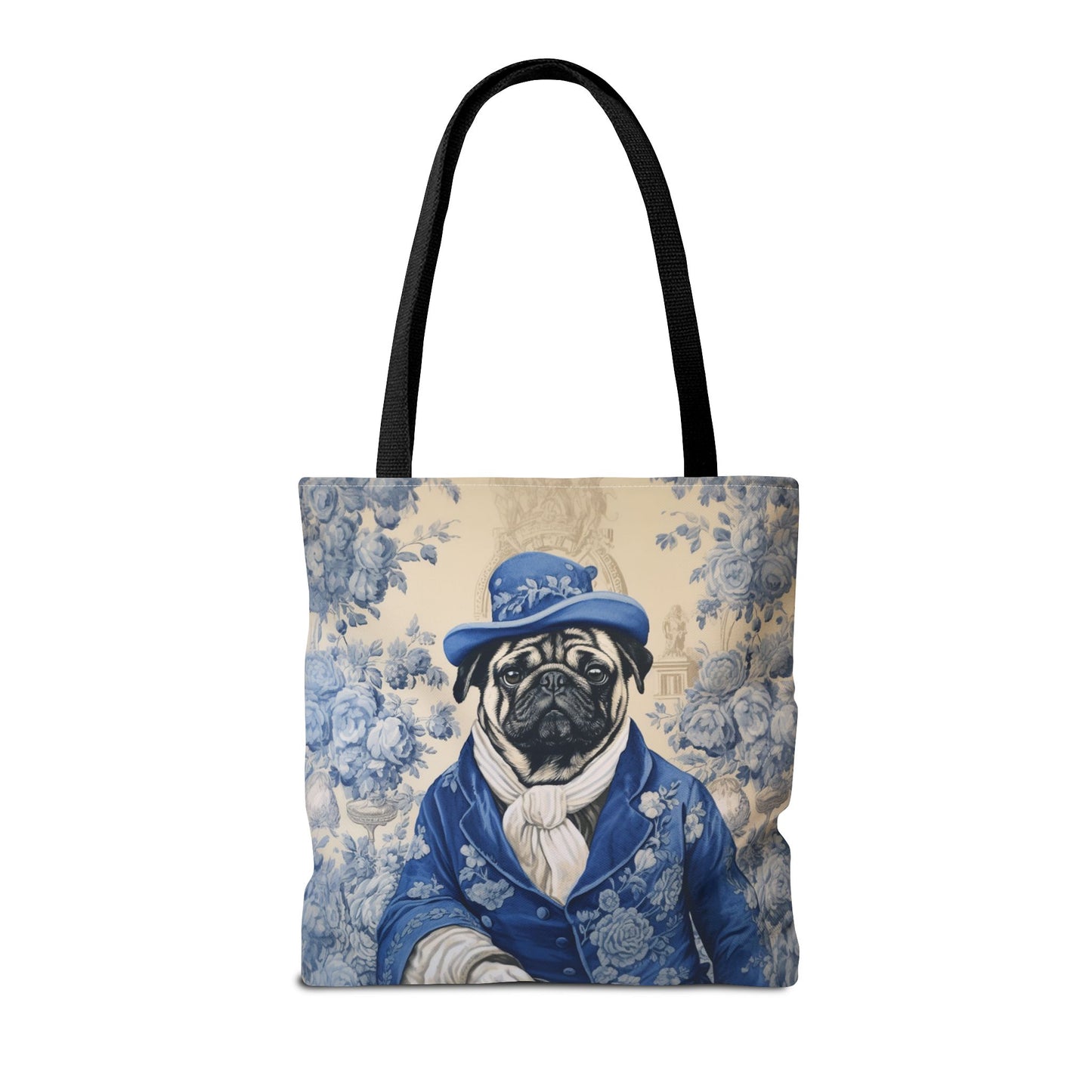 Regal Pug Canvas Tote Bag, Blue Floral Design for Dog Lovers