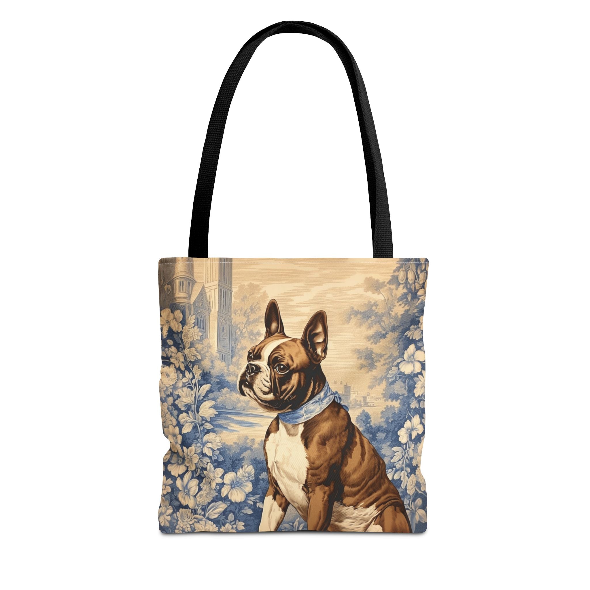 Boston Terrier Tote Bag with Scenic Blue Floral Design