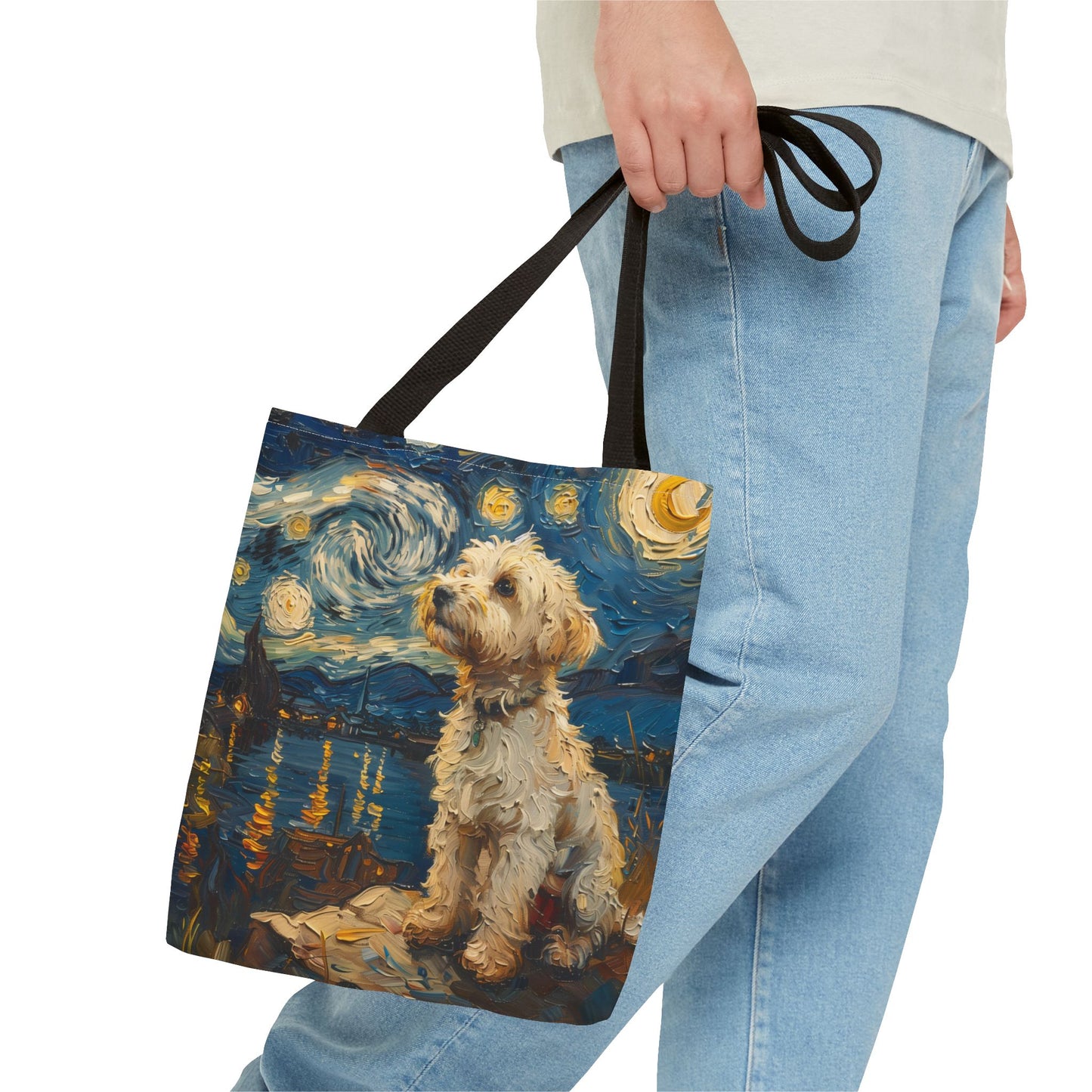 Starry Night Maltese Canvas Tote Bag, Artistic Eco-Friendly Design